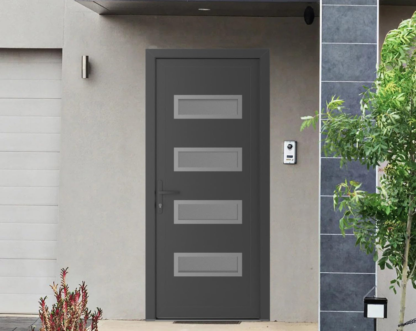 VDOMDOORS Front Exterior Prehung Metal-Plastic Door Frosted Glass | Manux 8113 Antracite Grey | Residential Doors Entrance Patio Garage W32 x H80 Right-Inswing