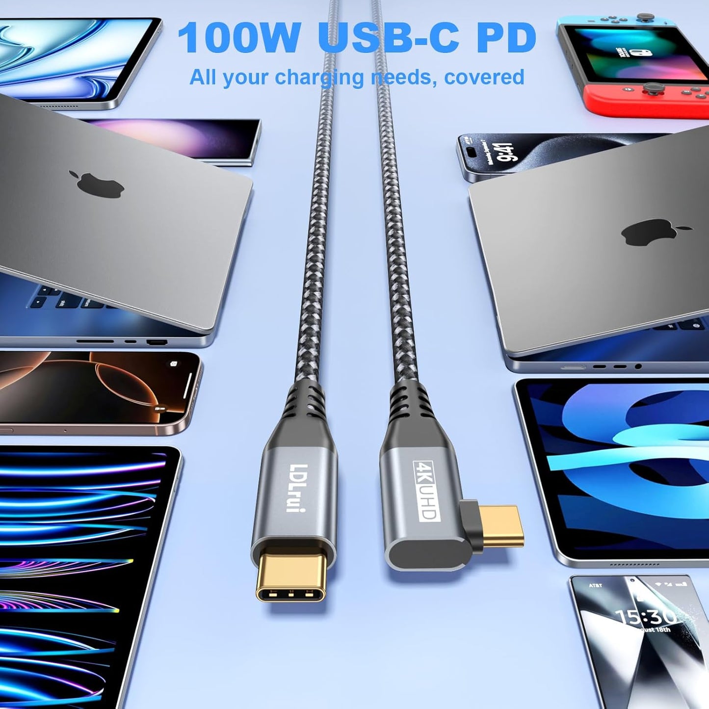 4K 60HZ 3FT, 20Gbps 100W 90 3.2 Gen2x2 17/16, LDLrui USB C Monitor Cable, Display, Right Angle Data Transfer, Charging