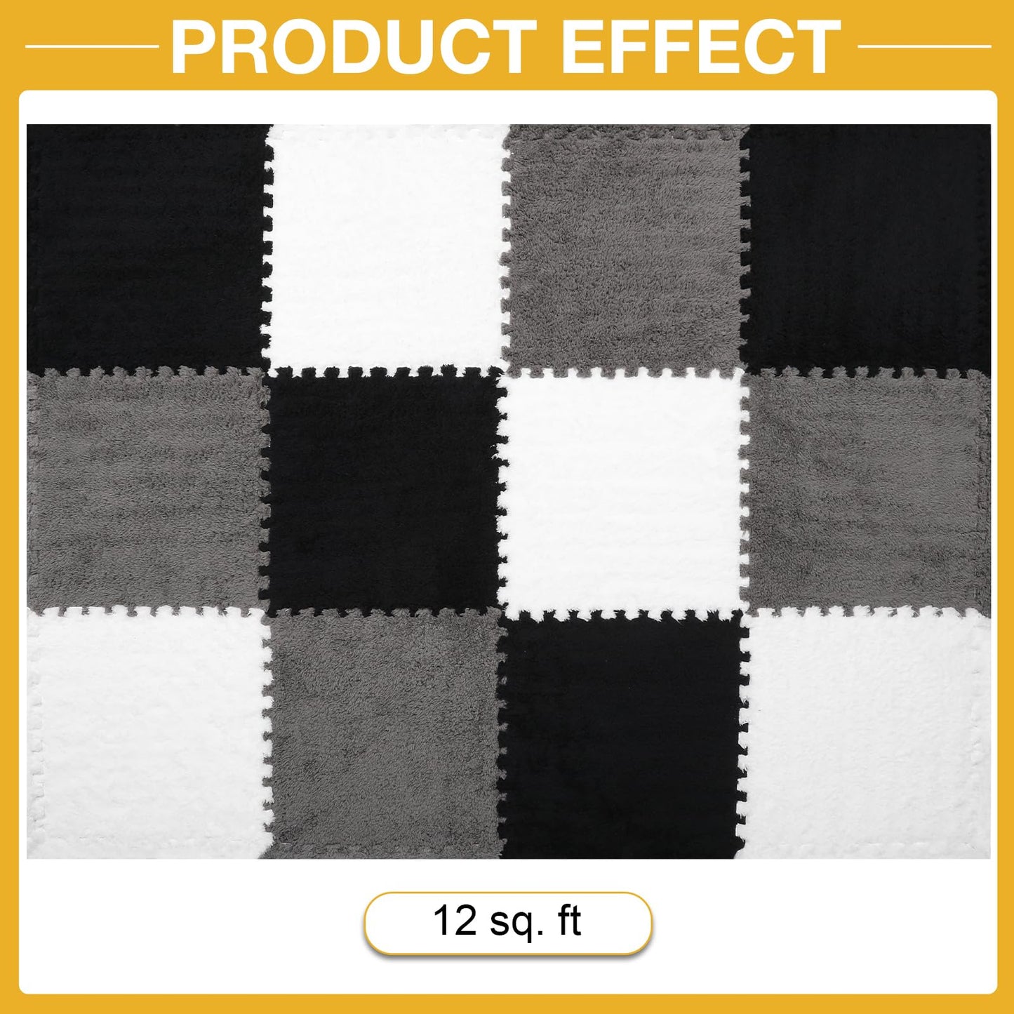 12 Pcs Plush Interlocking Carpet Tiles, Non-Toxic Foam Carpet Tiles for Toddler Baby, Anti-Slip, EVA Foam Interlocking Tiles for Floor, Nursery, Playroom, Grey White Black
