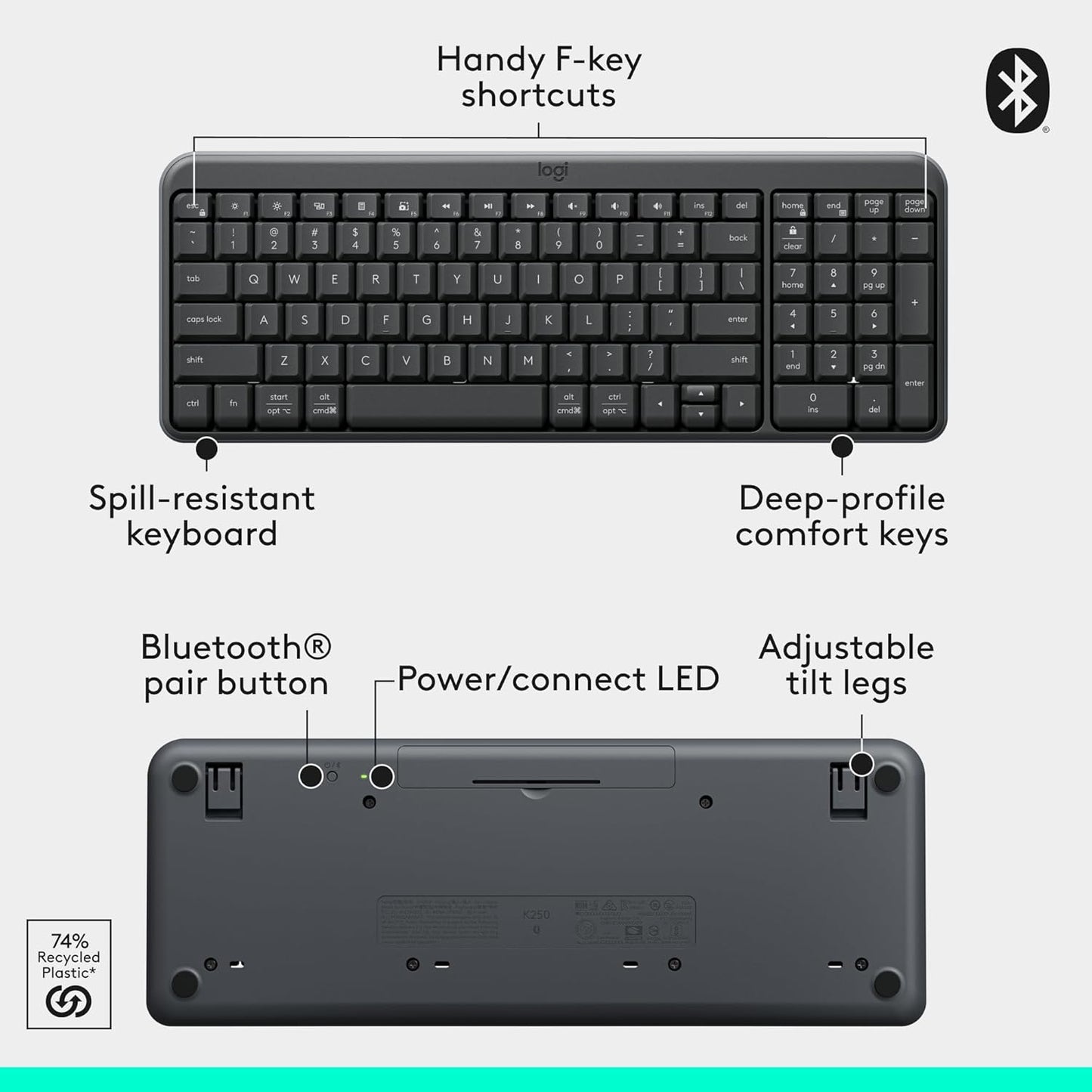 Logitech MK250 Bluetooth Wireless Mouse and Keyboard Combo: Fast & Easy Connectivity, Compact Wireless Keyboard