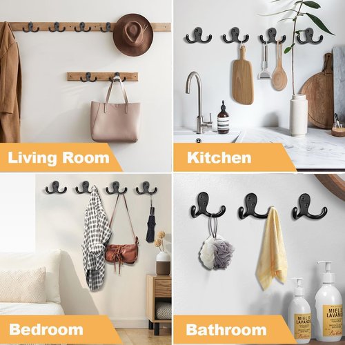 CBWLWJ Heavy Duty Double Prong Coat Hooks - 10 Pack Wall Mounted Metal Hooks for Home Use | Black