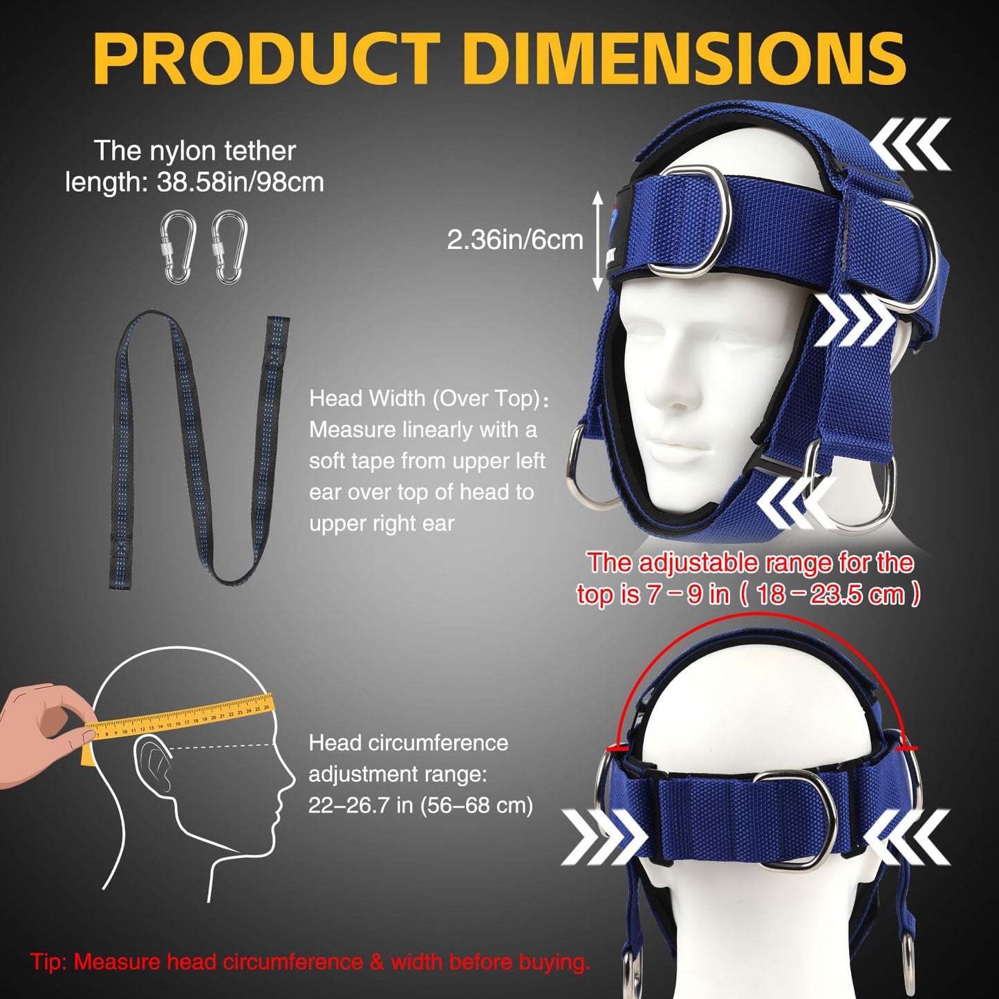 Fitness Neck Head Harness Trainer, Adjustable Chin Strap and Head Harness Strength with Nylon Tether, Neoprene Neck Workout Exerciser for Weight Lifting, Home and Gym Use, Blue