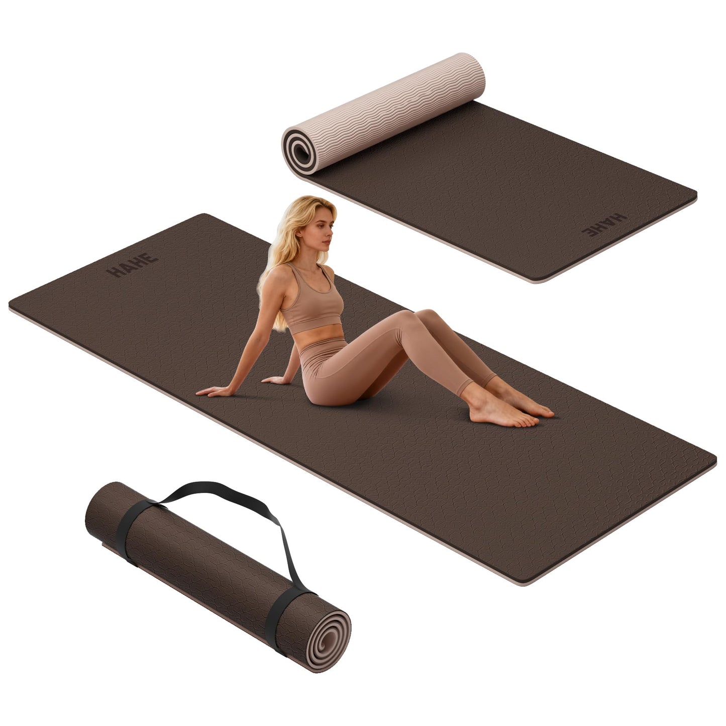 HAHE Extra Thick Yoga Mat, 72"Lx32"Wx0.4"Th (10mm), Wide Non-slip Exercise Mats with Carry Strap, Double-Sided POE Fitness Mat for Yoga, Pilates & Floor Workouts (Dark Brown+Beige)
