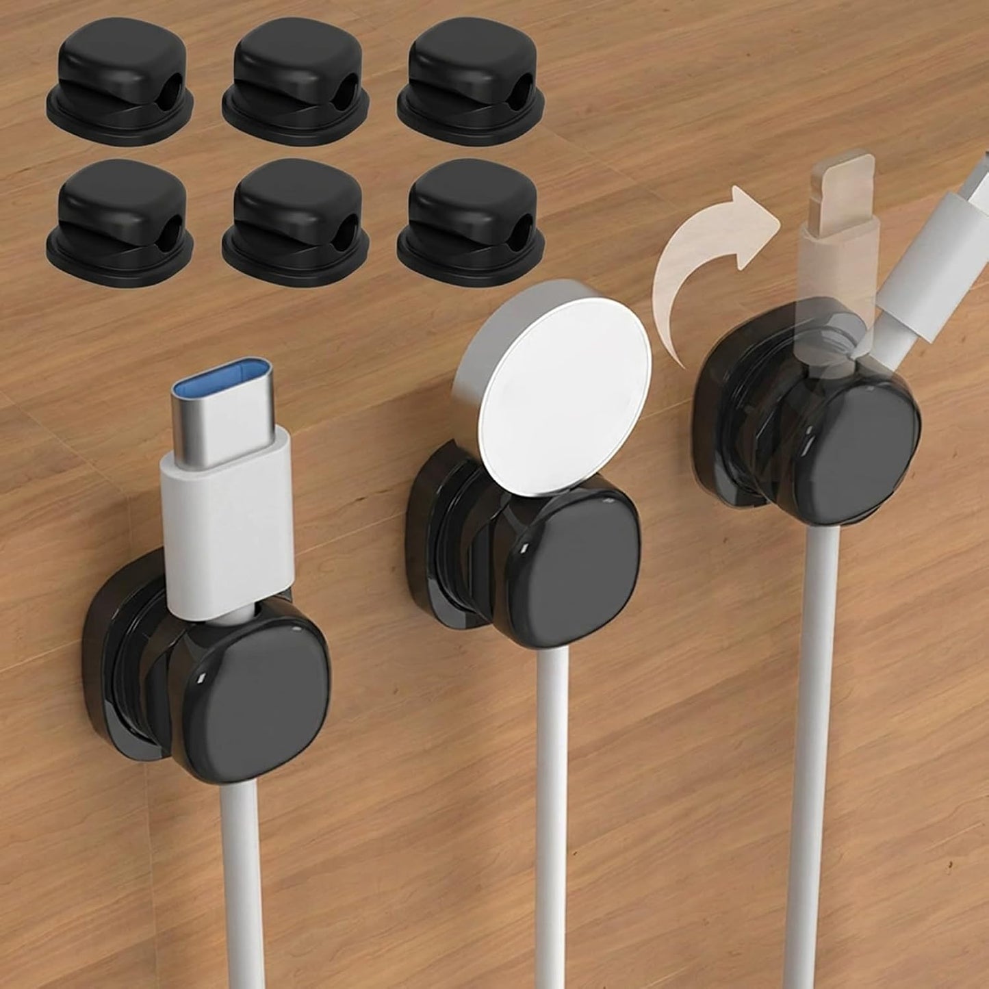 Uanqfegy 6Pcs Adhesive Rotatable Cord Organizer - Cable Clips for Phone Chargers Nightstand Home Office Car (Black)