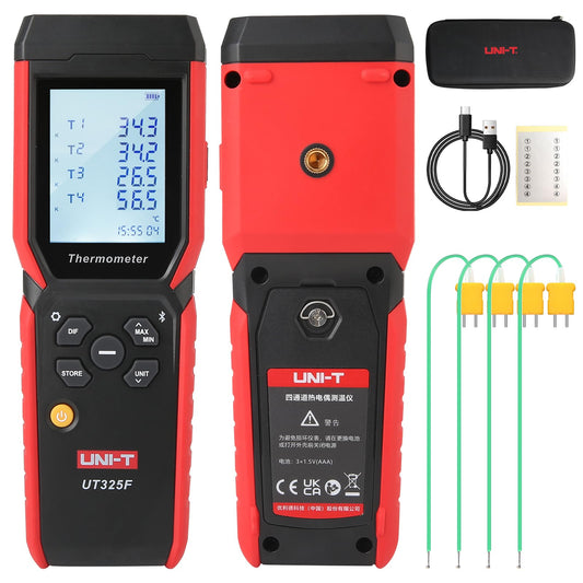 UNI-T UT325F Thermocouple Thermometer,4ChannelTemperature Logger,K/J/T/E/R/S/N Type Digital Thermometer -200°C~1372°C(-328~2501°F)0.0°C~1767°C(32~3212°F)With Data recording/transmission/alar/backlight