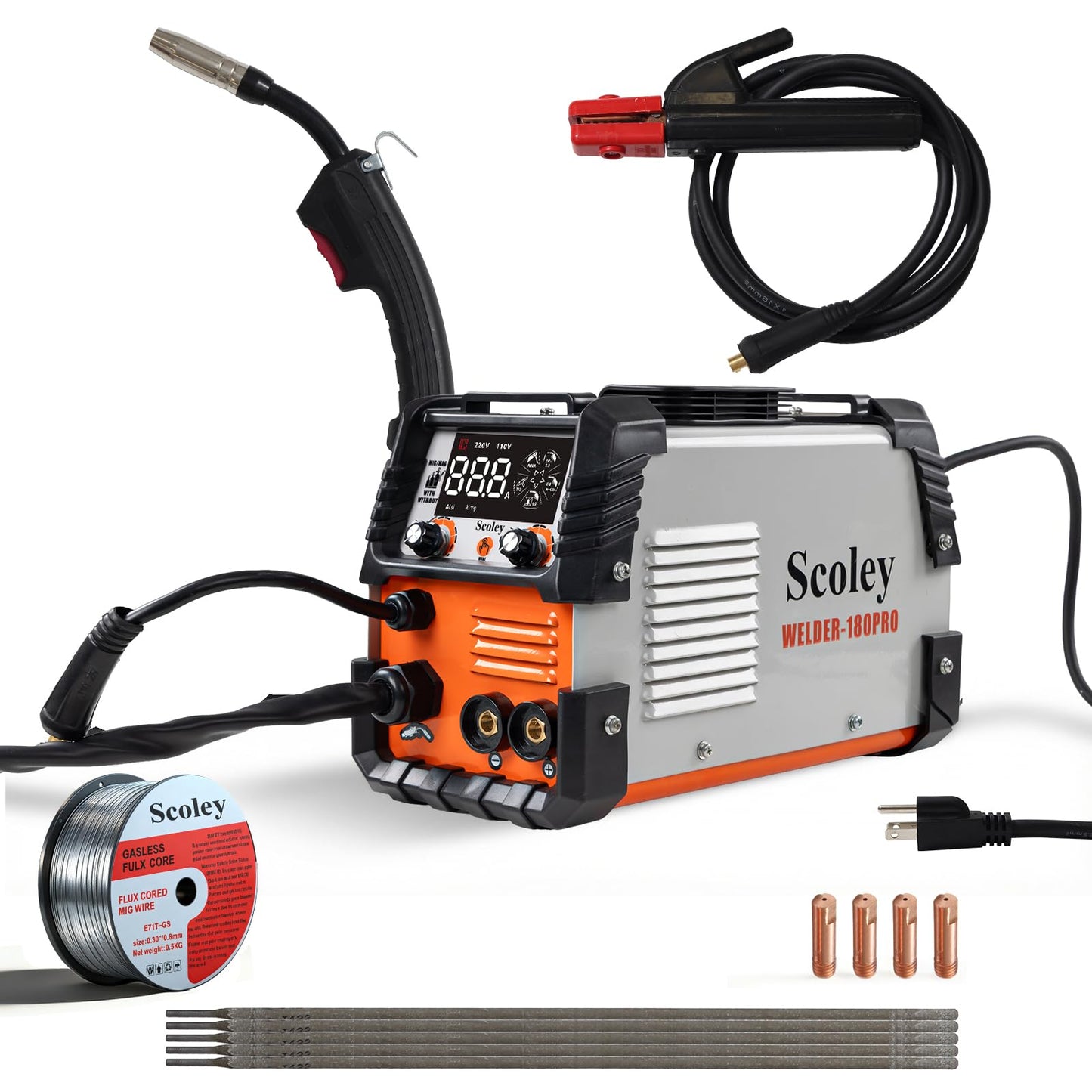 Scoley 5-in-1 MIG Welder 110V/220V, 180A Aluminum Welder/Gas MIG/Flux Core Welder/Lift TIG/Stick Welding Machine with IGBT Inverter Synergic Control, Large Digital Display, Welding Gloves & Mask