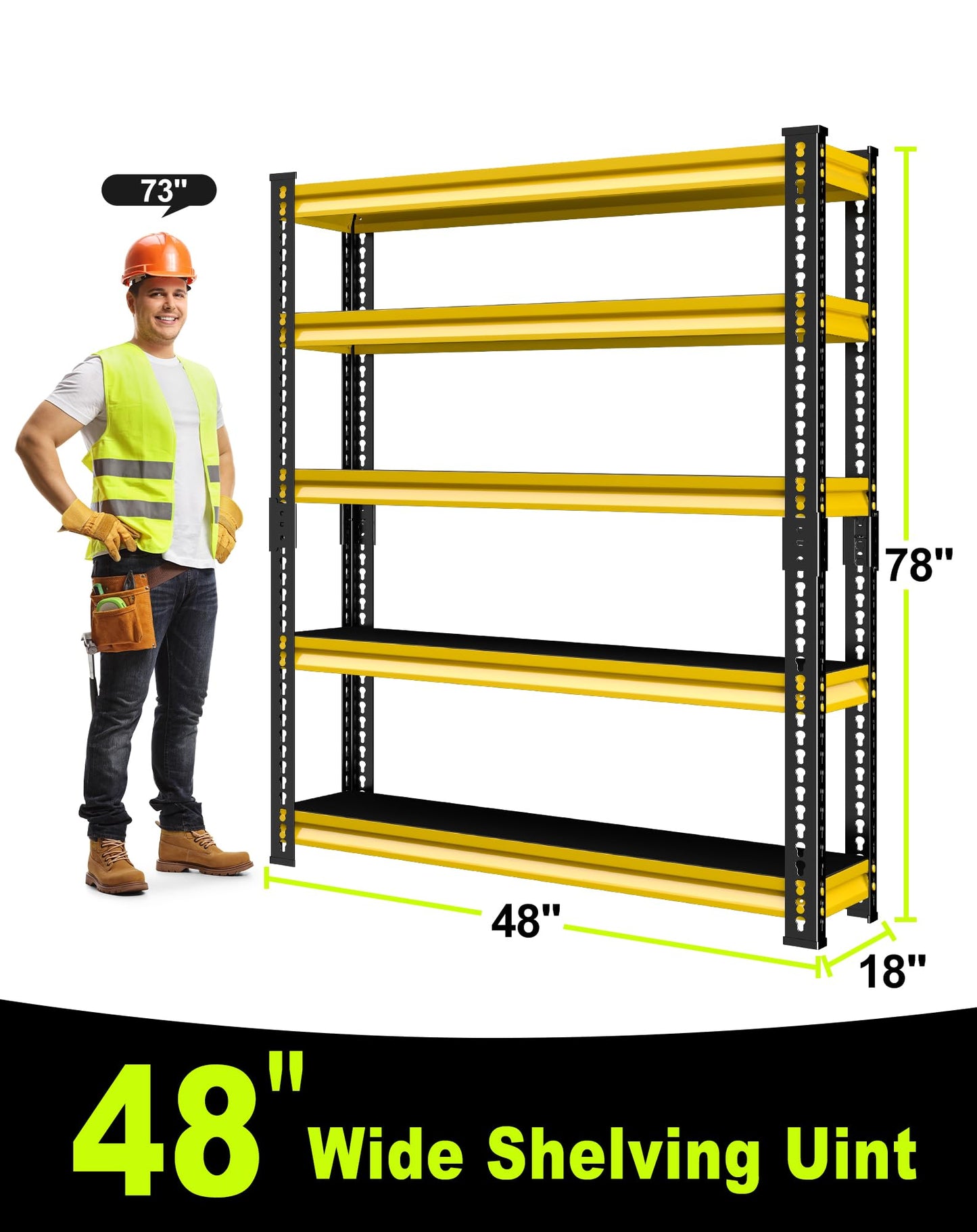 SDXYSTCE Garage Shelving Heavy Duty 2500LBS Loads, 48" W Adjustable Garage Storage Shelves, 5-Tier Metal Shelving Units and Storage, Industrial Utility Shelf, 48" Wx18 Dx78 H,Yellow