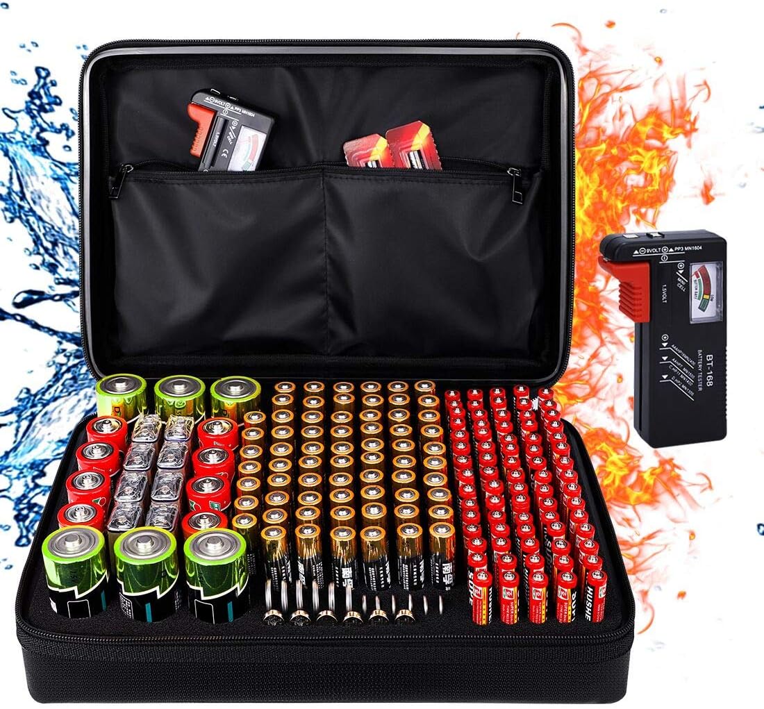 200+ 9V, BT-168 DocSafe Fireproof Battery Organizer Storage Box,Fireproof Waterproof Carrying Case Bag Holder,Safe
