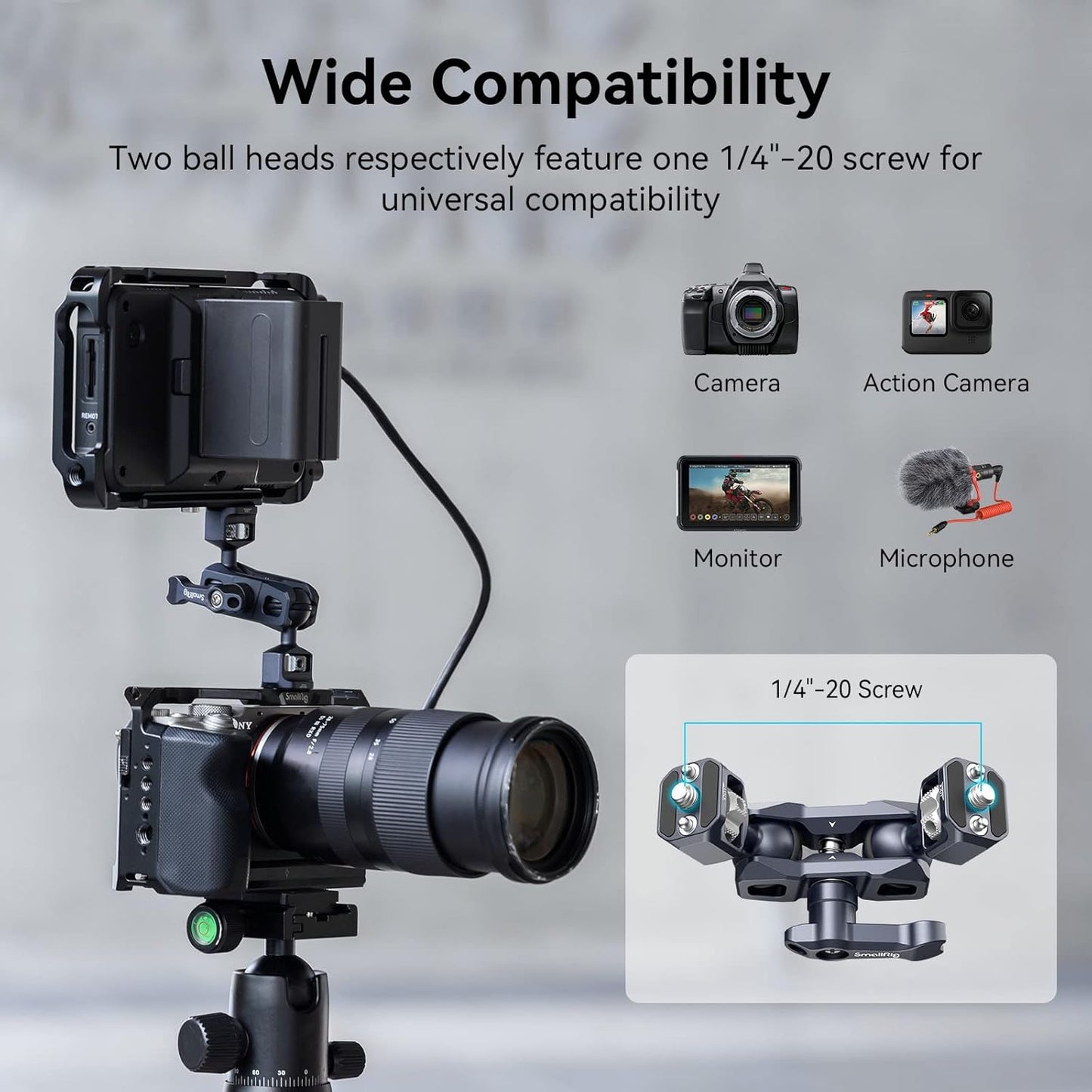 SMALLRIG 1/4 Camera Magic Arm, Flexible Articulating Arm with Screws, Field Monitor Mount with Dual Ballhead, Aluminum
