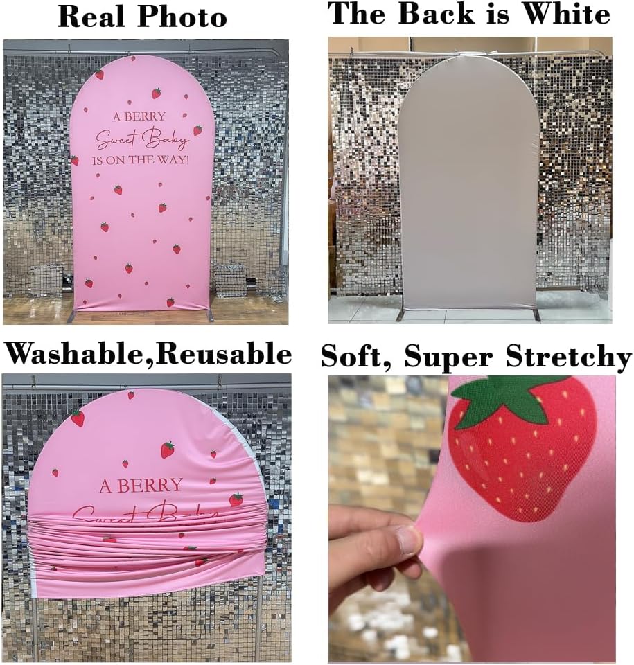 KONPON A Berry Sweet Baby is ON The Way! Pink Arched Backdrop Cover Strawberry Theme Stretchy Arched Stand Covers