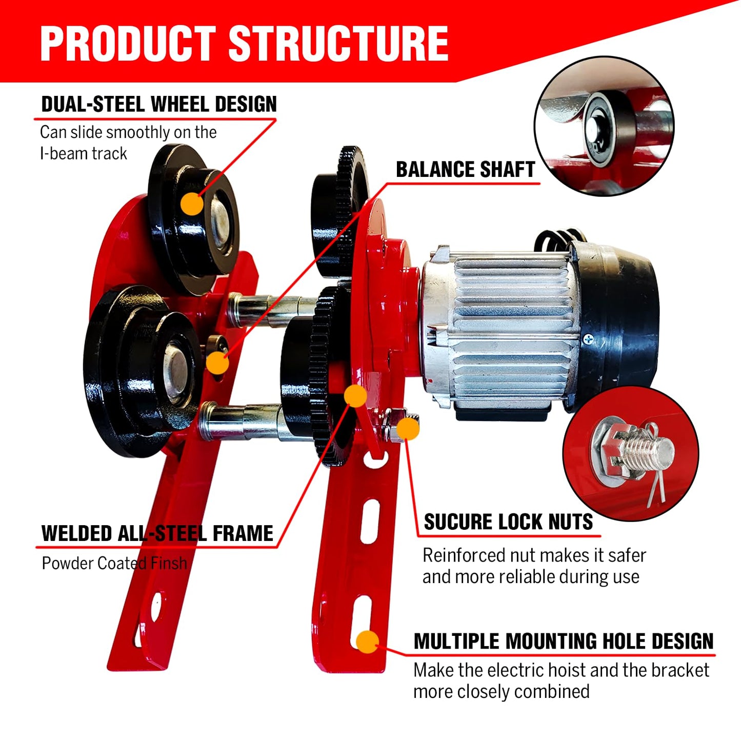 Electric Trolley for Power Hoist 2200LBS Capacity,Fit 2.68-4.33 in I-Beam,Push Geared Overhead Crane Heavy Duty Wheels System for PA200 to PA1000 Hoists,Perfect for Gantry Cranes,Warehouses
