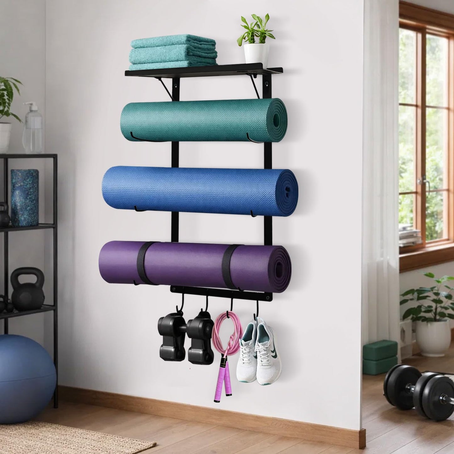 Avoirdus Yoga Mat Holder Wall Mount, Wall Mounted Yoga Mat Storage Rack with Shelf & Hooks, Home Gym Yoga Accessory Organizer for Mats, Foam Roller, Bands & Workout Equipment