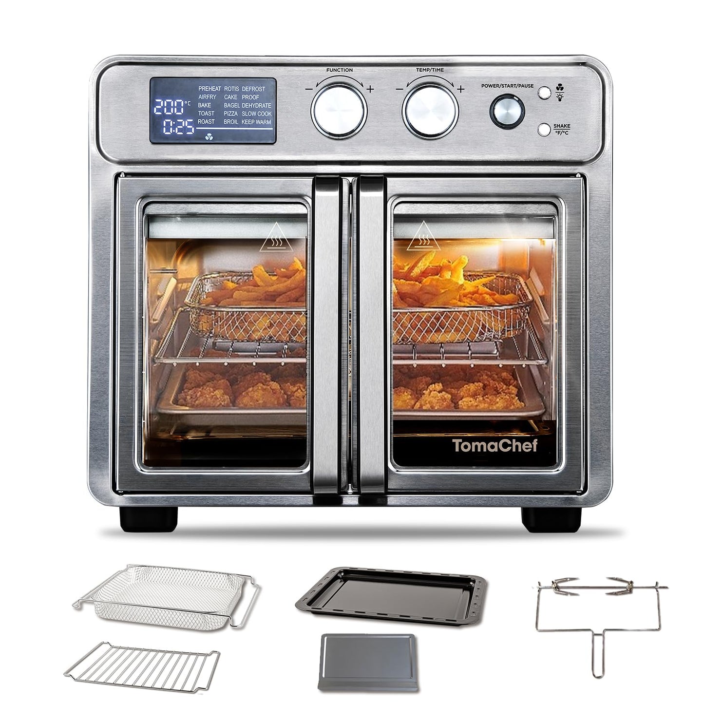 TomaChef 26QT French Door Air Fryer Toaster Oven Combo, 15 Cooking Functions including Rotisserie, and Digital Controls, 30 Recipes & 5 Accessories, Stainless Steel Finish