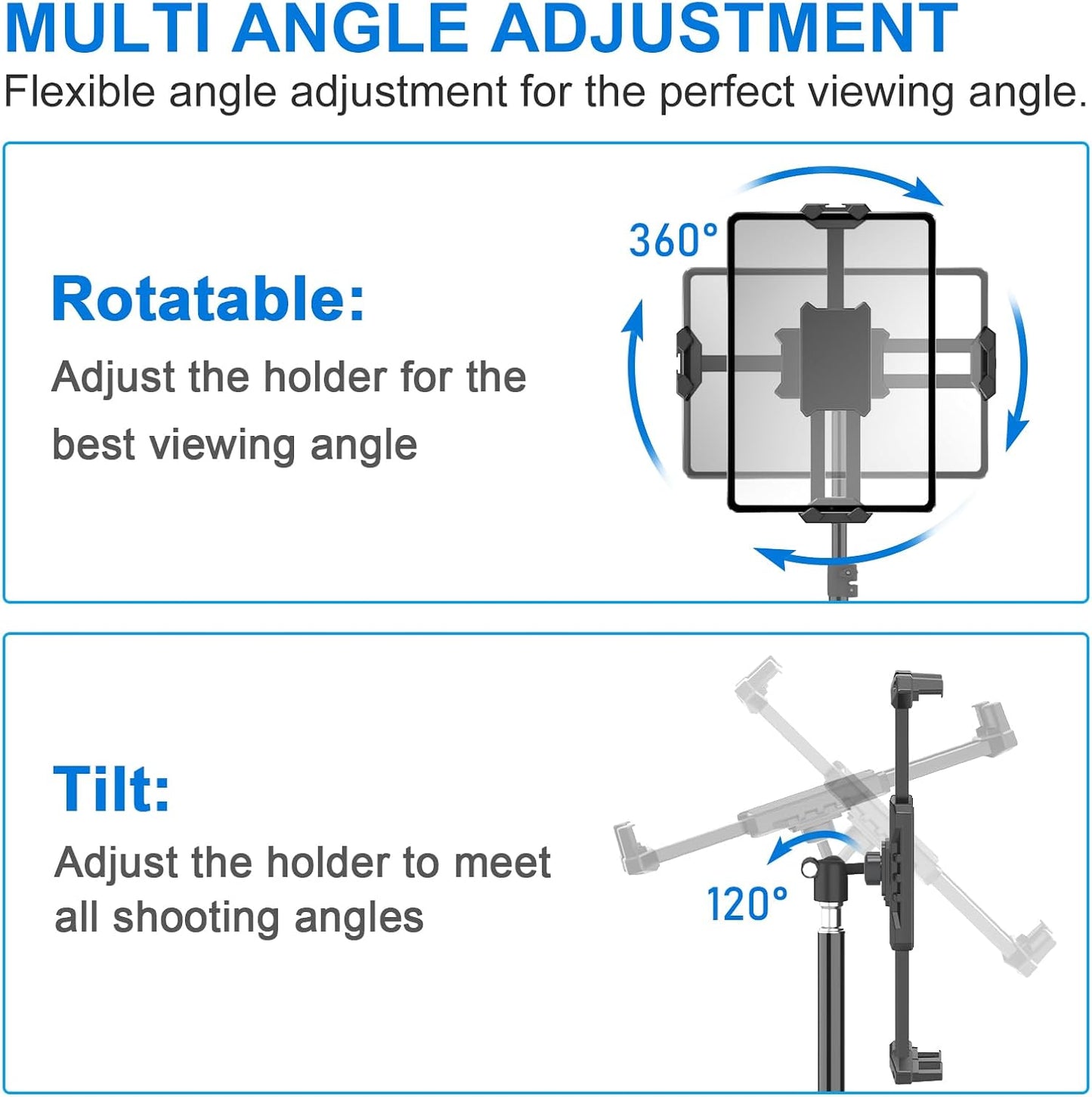 JUBOR 63" 360 4.7" 13.5" iPad Tripod Stand, Height Adjustable Tripod for Tablet, Rotation Tablet Floor Stand Mount