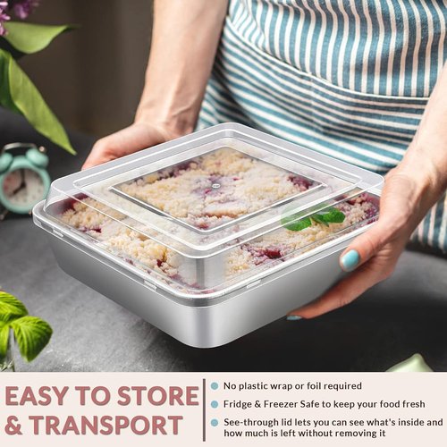 E-far Square Cake Pan Set - 6/8/9 Inch Stainless Steel Bakeware with Lids, Non-Toxic & Dishwasher Safe - 6 Pieces