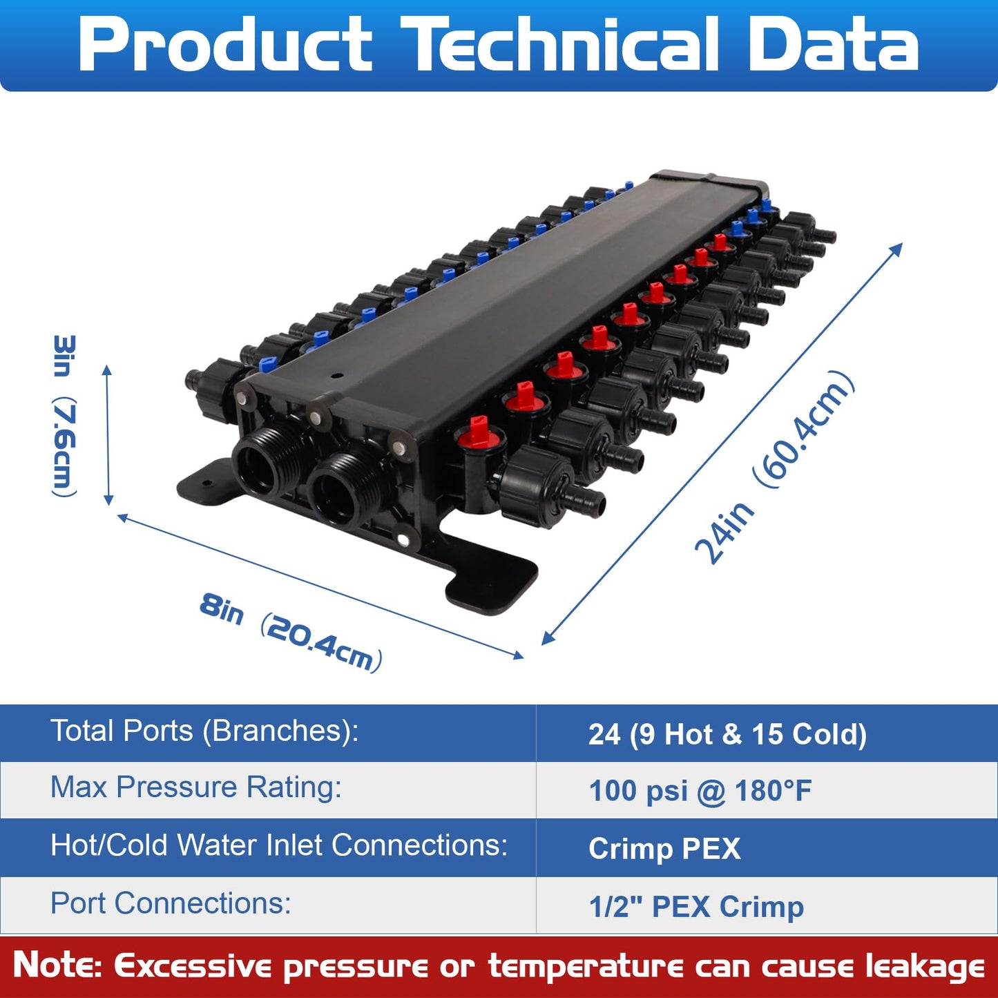 50243 Pex Manifold Compatible with Viega Manabloc, Homerun Distribution Pex Manifold with Valves, 1/2-Inch Zero Lead Poly Alloy PEX Crimp With 24 Ports Adapters(15 Cold, 9 Hot),Suitable for crimping.
