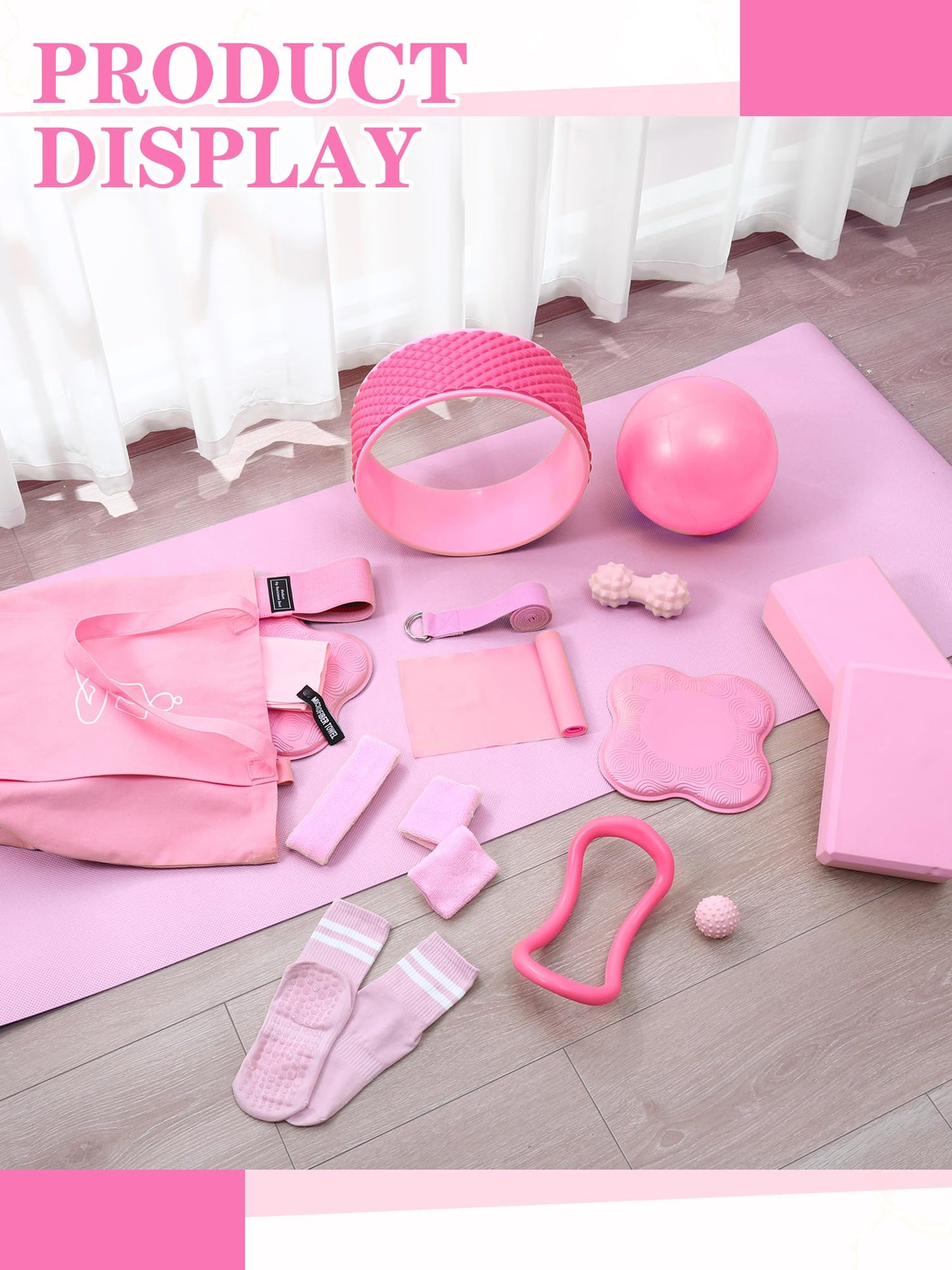 17 Pcs Yoga Essential Kit for Women, Pilates Equipment Starter Set for Beginners with Yoga Wheel Ball Blocks Strap Resistance Bands Wrist Rings Socks Towel & Carry Bag for Home Workouts(Pink)
