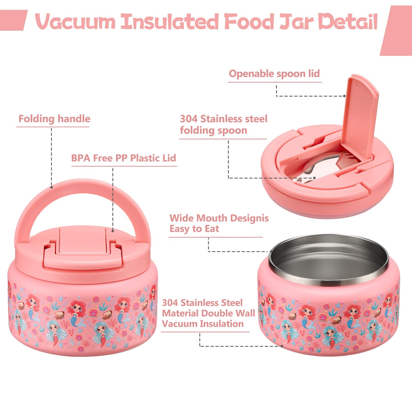 BABHAMNESS 13.5oz Soup Thermo for Hot Food Kids Insulated Vacuum Food Jar with Buckle Lid,Wide Mouth Leakproof Stainless Steel Lunch Container with Spoon-Mermaid