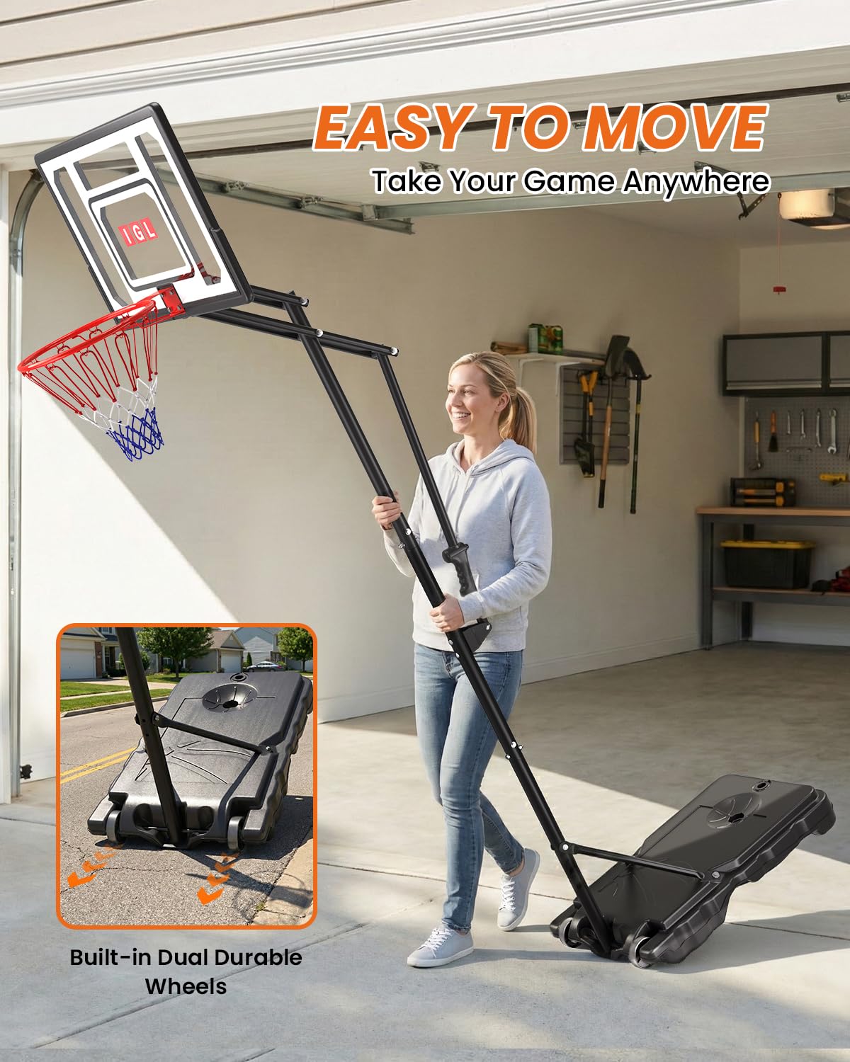 IGL Kids Basketball Hoop Outdoor | 4-8.5ft Adjustable Height | 33" Shatterproof Backboard | Fillable Base & Extra Anchor | Portable Goal w/Wheels for Backyard Driveway | Gift for Kids Teens Youth
