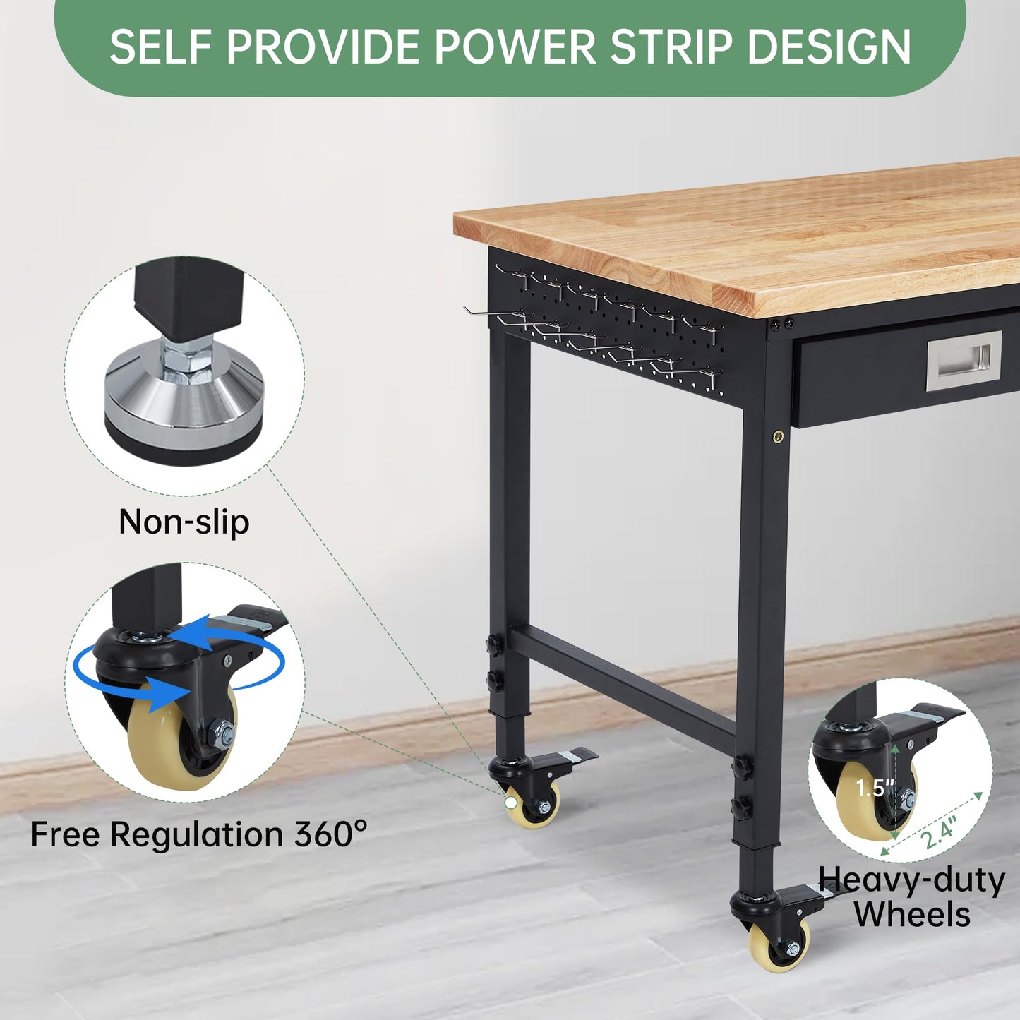 48" Work Benches for Garage, Adjustable Workbench with Wheels, Drawers, Power Outlet & Rubber Wood Top, 2000LB Tool Bench Shop Table for Woodworking, Office, Home, Black