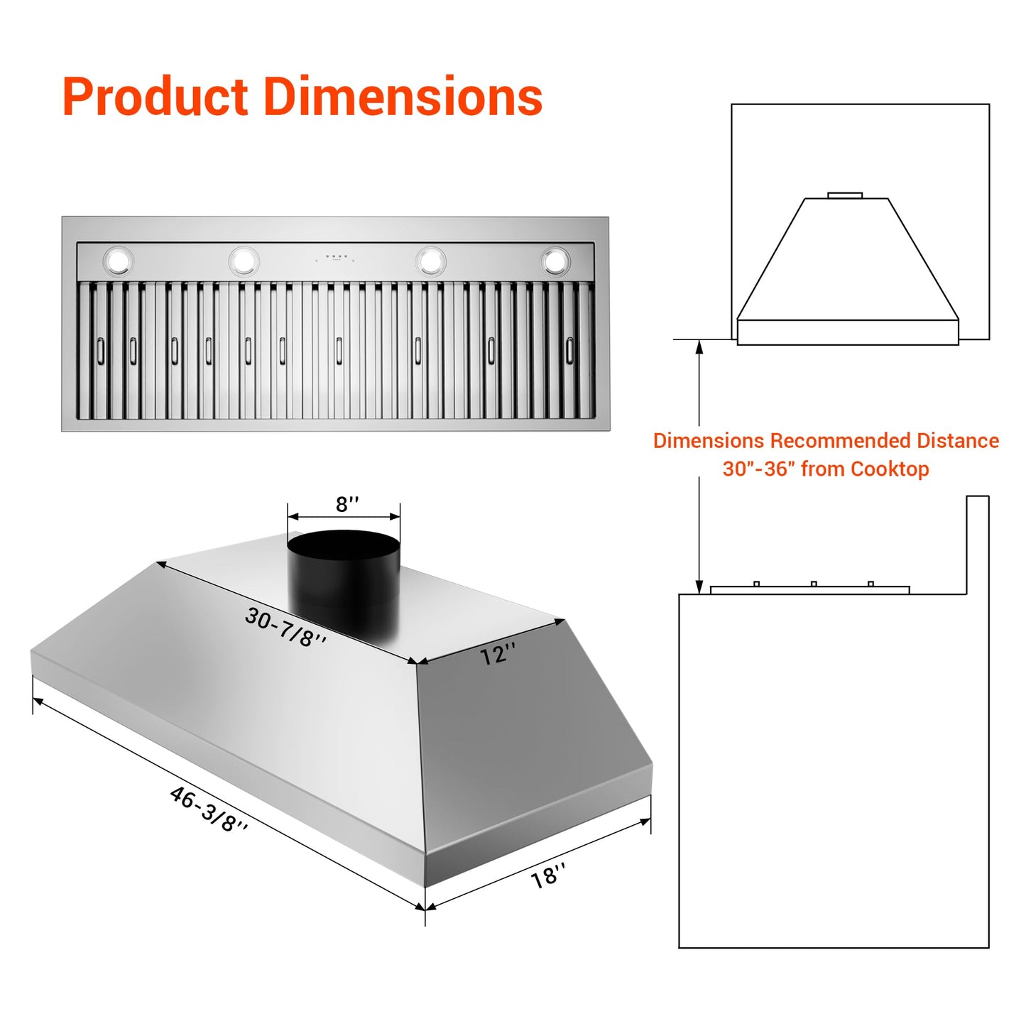 DOMINEVA 48 Inch Ducted Range Hood Insert,1150CFM Built-in Kitchen Vent Hood with 4-Speed Exhaust Fan&LED Light,Stainless Steel
