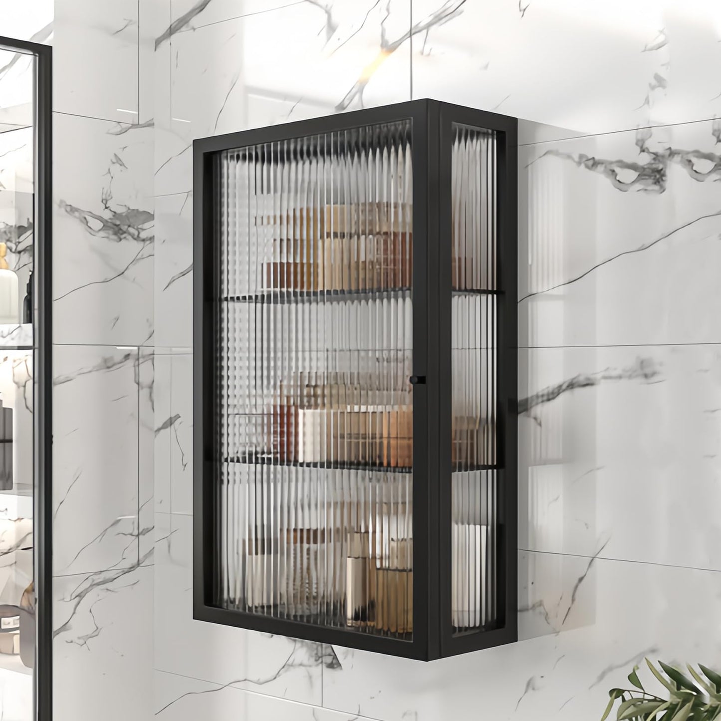 Kferfft Bathroom Wall Cabinet 20 Inch Over The Toilet Metal Storage Cabinet with Glass Door, Wall Mounted Medicine Cabinet for Bathroom Laundry Room Bedroom (Black, 23.6x19.7x6IN)