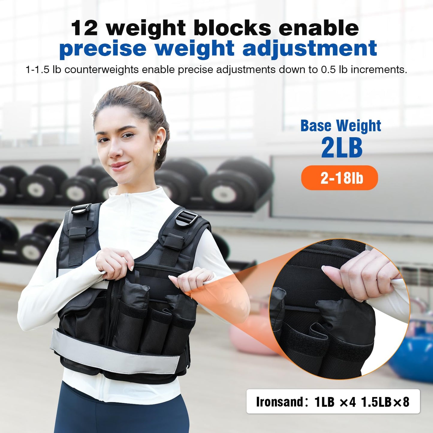 VGOBLO Adjustable Weighted Vest for Women Men, 2-18 lbs Strength Training Weight Vest with adjustable weights 12 Sandbags, Zipper Womens Weighted Vest Washable with Reflective for Walking Running Gym