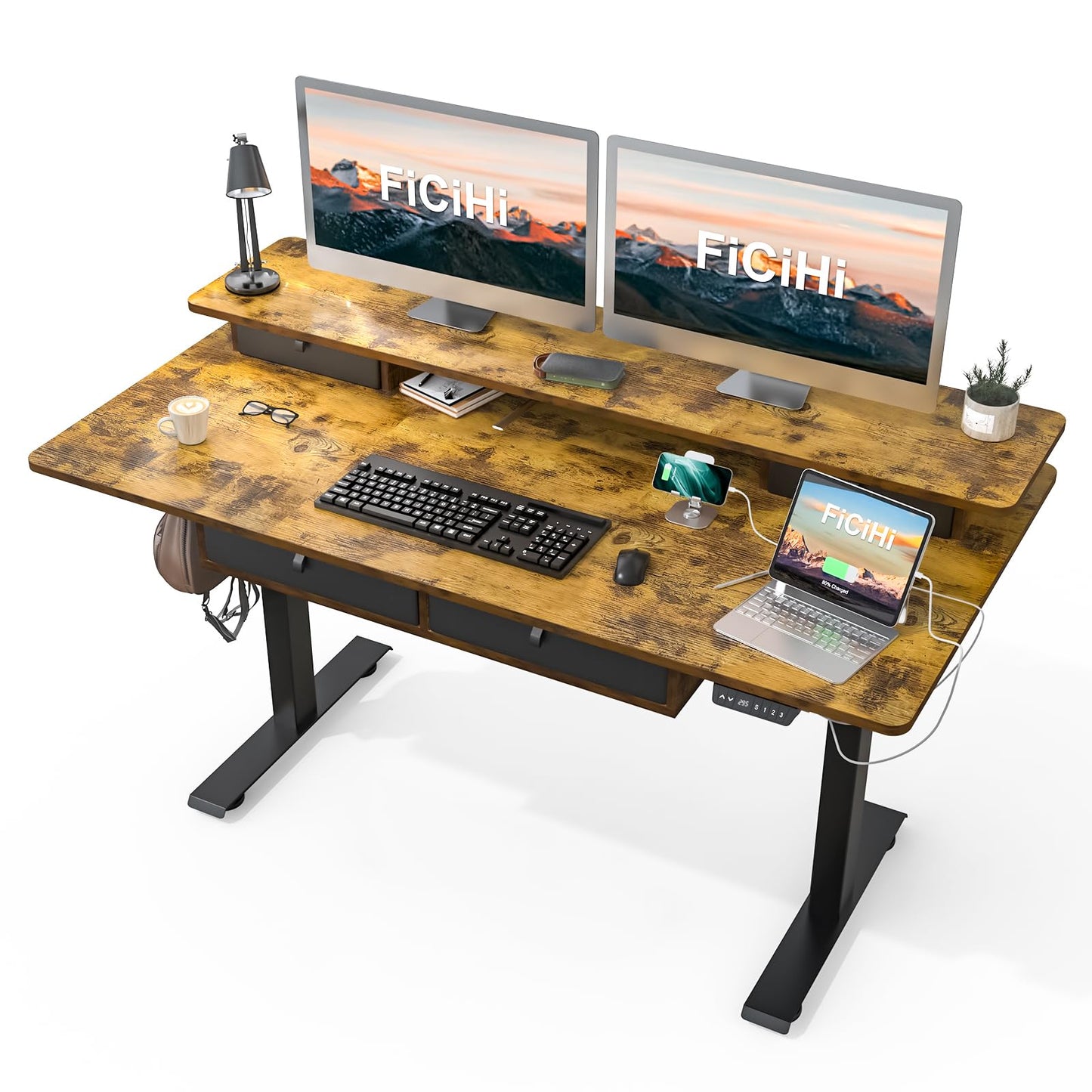 FiCiHi Adjustable Height Standing Desk with 4 Drawers,63 x 30 inches Electric Sit Stand Home Office Desk with Two Tiers, 3 Memory Presets, Monitor Stand Riser, USB A/C Charging Port
