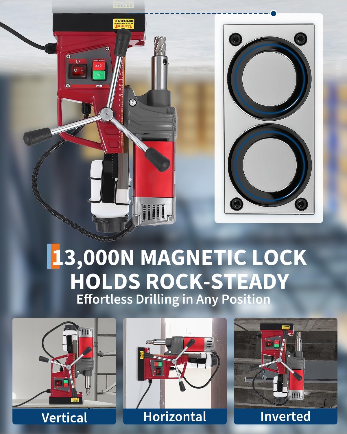 Portable Magnetic Drill Press, 1.57" Boring Diameter, 1450W Motor, 10-Speed, 820RPM, 13000N Magnetic Force, Precision Mag Drill for Steel & Metal, Twist Drill Adapter