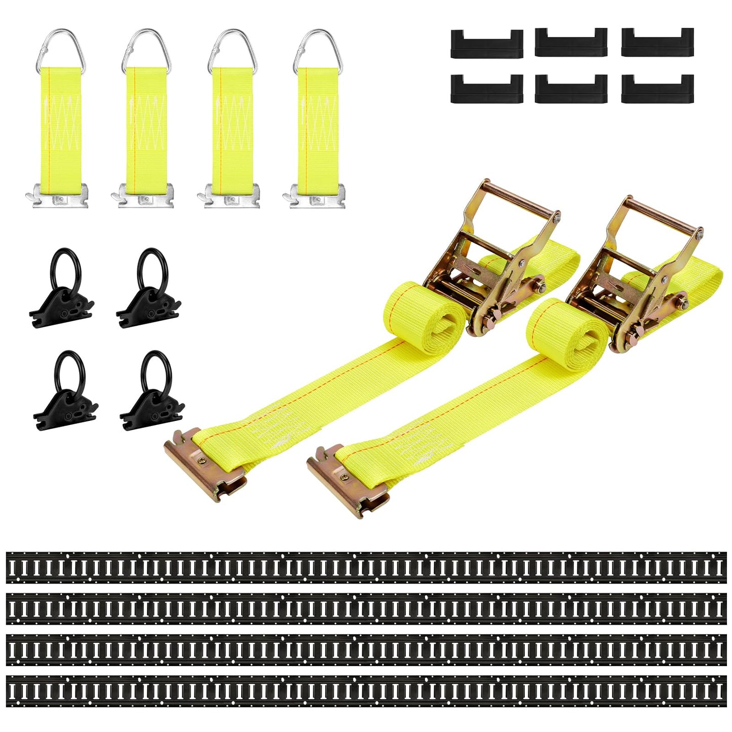 LEVELEVE E Track Rail Tie-Down Kit, 20PCS 10FT Heavy Duty Set, Includes 4 Steel Rails & 4 O Rings & 4 D-Ring Tie-Offs & 6 End Caps & 2 Ratchet Straps, Cargo Tie-Down System for Trucks, Vans & Trailers