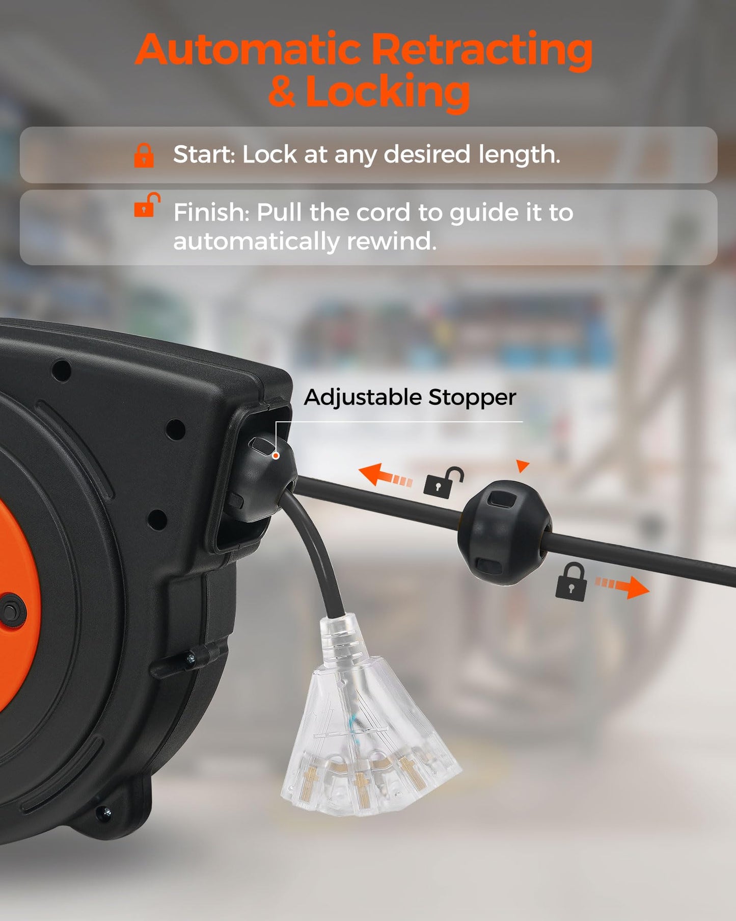 WILAWELS 50 FT 14AWG/3C SJTOW Retractable Extension Cord Reel and 18W 2000LM 25FT LED Work Light Bundle, for Garage, Workshop, Car Repair Scene B50CR06- Y04WL06