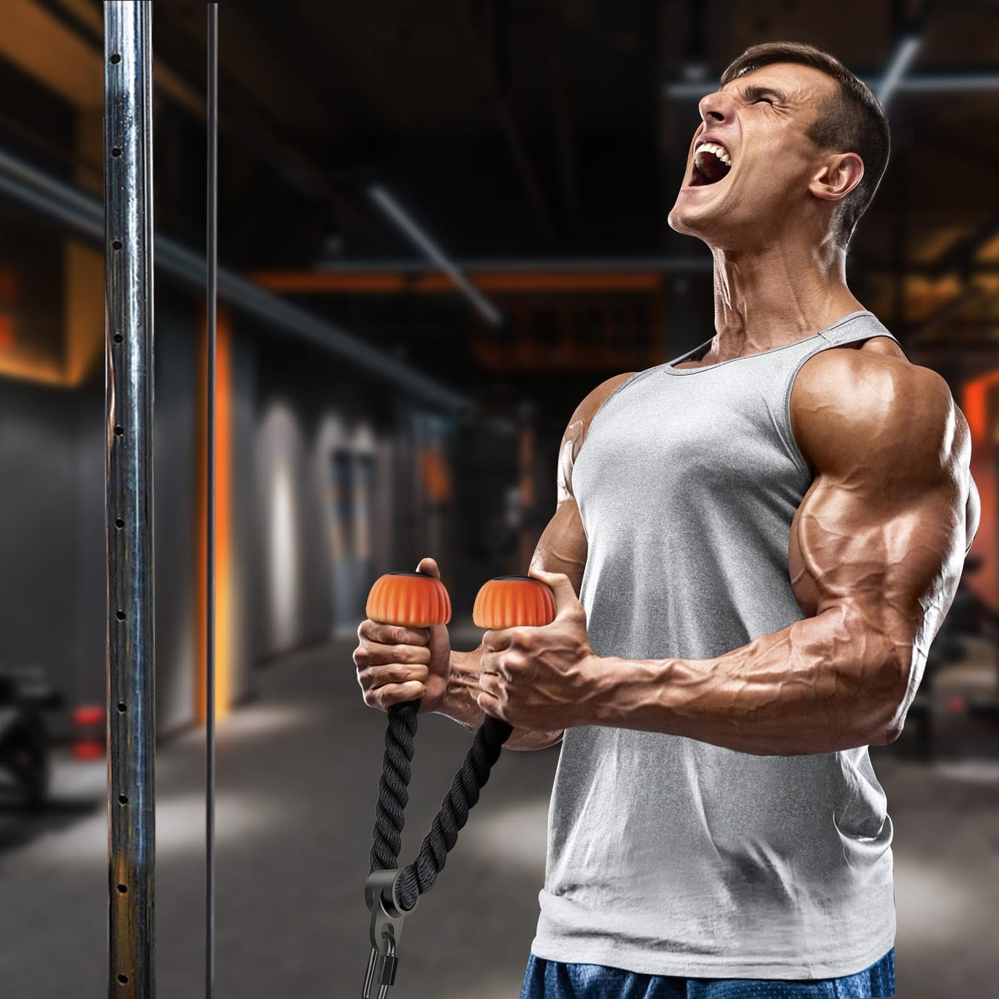 SELEWARE Triceps Rope with Non-Slip Soft Rubber Ends Home Gym Cable Attachment Workout Accessories 28 inches Long Orange