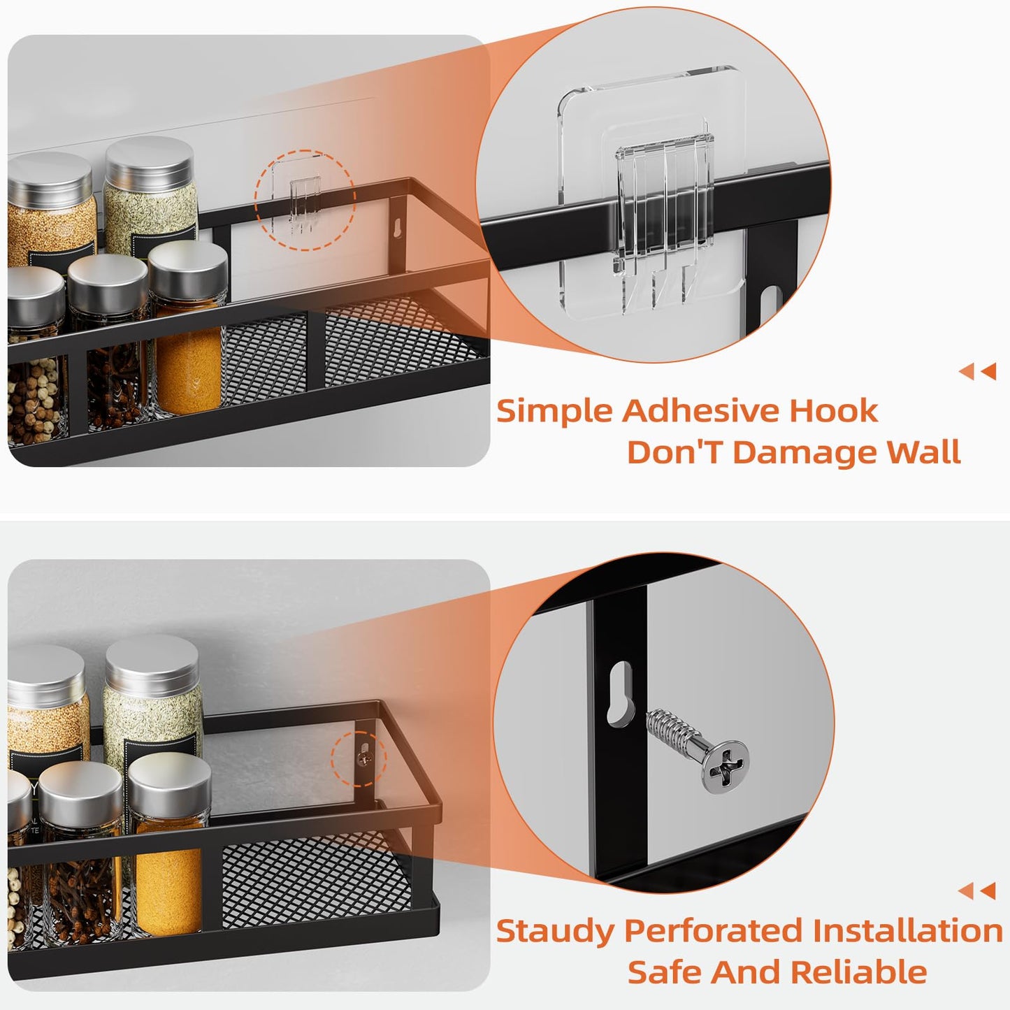 Umomi Spice Rack Wall Mounted, 4 Pack Pantry Door Organizer & Hanging Storage Baskets Organizer Wall Mount, Large Capacity Metal Spice Shelf for Kitchen Cabinet, Bathroom, Shower, Home Decor