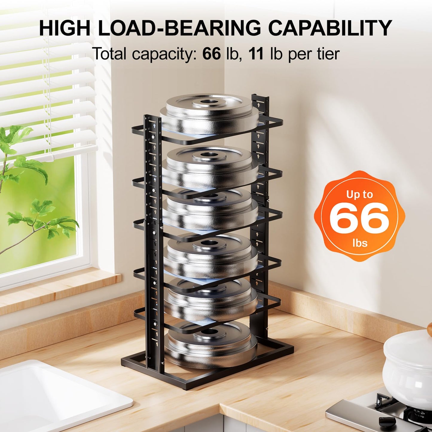 LAMU Pots and Pans Organizer for under Cabinet, 6-Tier Heavy Duty Pan Pot Organizers inside Cabinet Adjustable 14 to 24.57", Pot Rack Kitchen Cabinet Organization and Storage Holds up to 12" Cookware