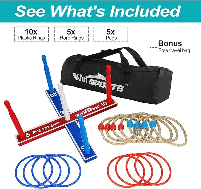 Wooden Ring Toss Game Set Includes Wood Base for Kids, Indoor & Outdoor Game for Family and Adults