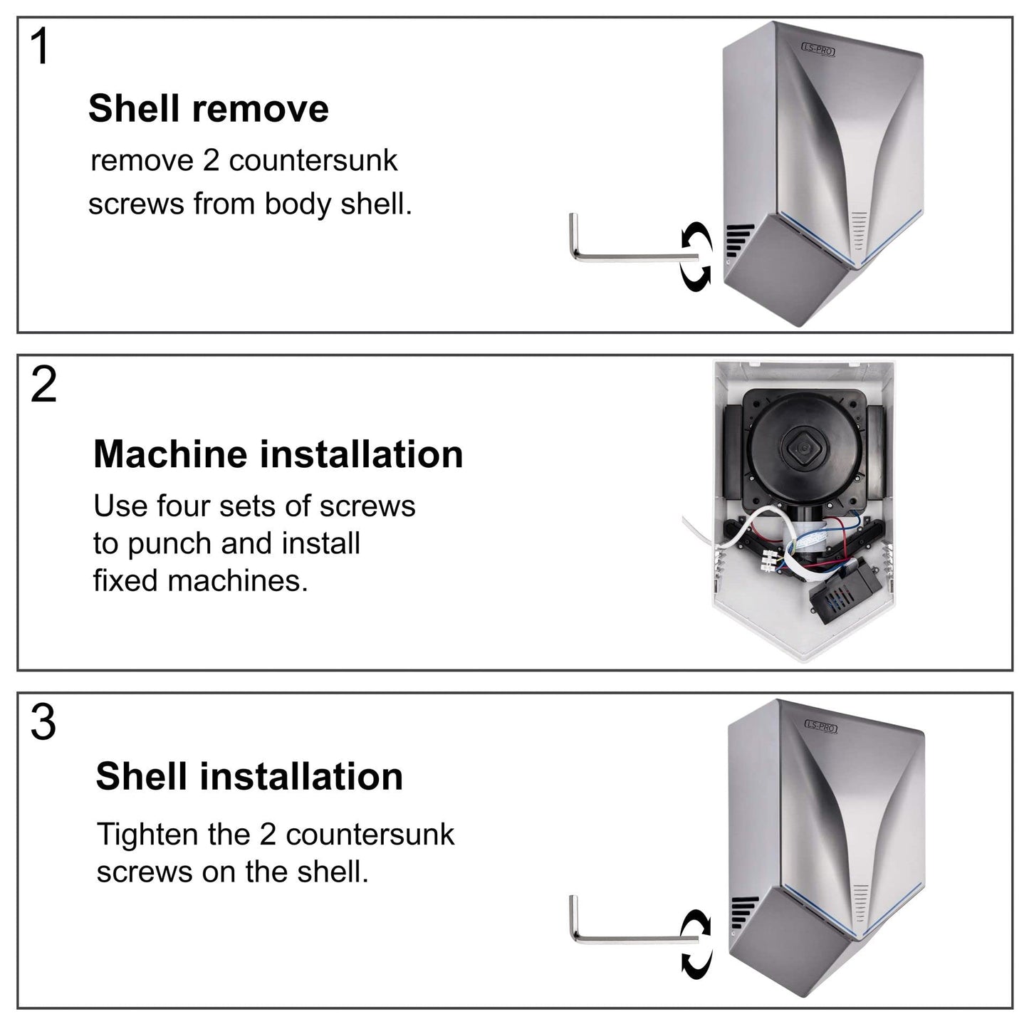 LS-PRO Automatic Hand Dryer for Commercial Bathrooms. High Speed Hot Air, Dry Hands in 7s. No Touch Operation with Infrared Sensor. Easy & Fast Installation. Low Noise 60 dB. 1 Year Warranty.
