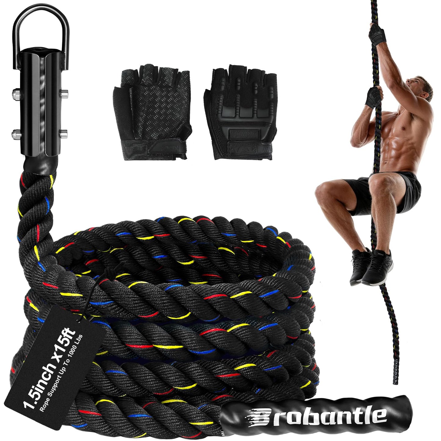 Brobantle Climbing Rope Gym Workout - 1.5 Inch Diameter 15FT Heavy Duty Thick Rope Work Out Exercise Ropes for Adults or Kids Home Indoor & Outdoor Fitness and Strength Training
