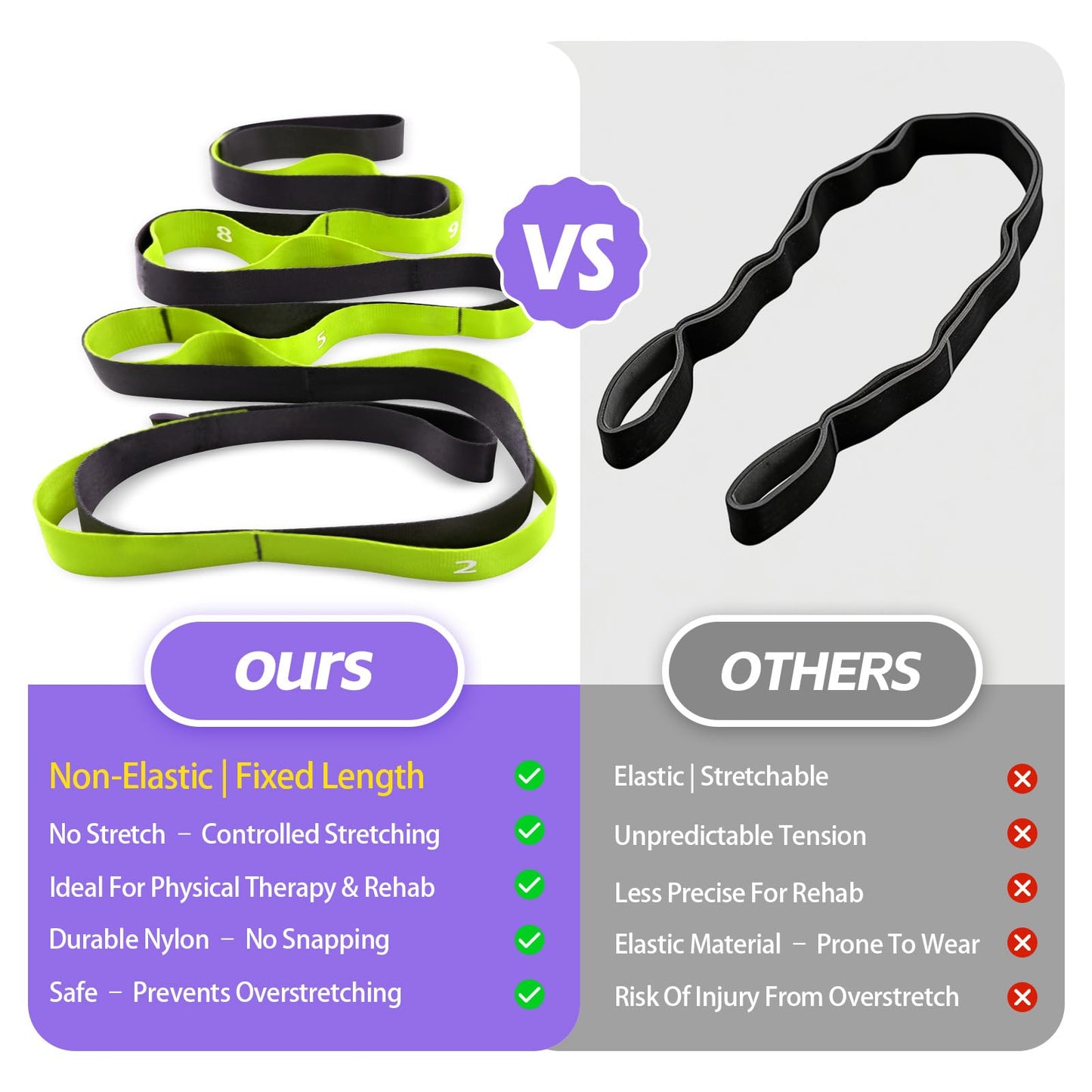 Non Elastic Stretching Strap with Loops - Yoga Straps for Physical Therapy, Durable Stretch Bands for Exercise, Flexibility Training, Hamstring & Leg Stretcher, Yoga/Pilates/Gymnastics - Green