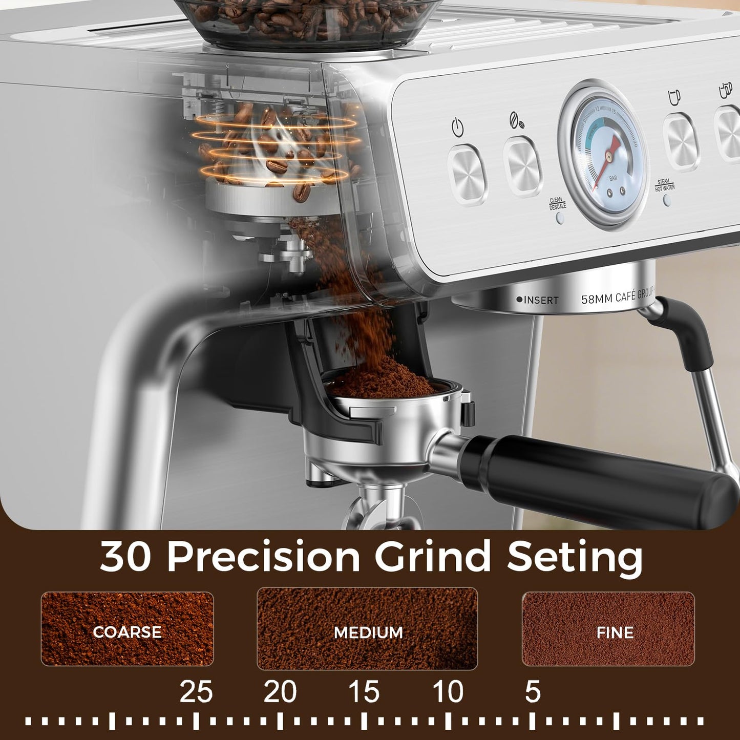 (2026 Upgrade)Electactic Espresso Machine with Grinder, 20 Bar Expresso Coffee Machines, Professional Coffee Maker for Latte & Cappuccino with Milk Frother&Steam Wand,Expresso Machines for Home-Silver