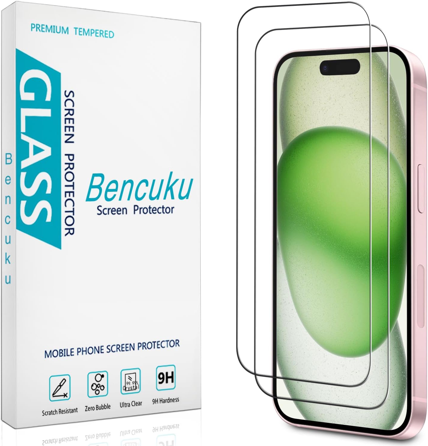 (2 Pack) 15 6.7 inch 9H Tempered Glass for iPhone Plus Screen Protector, Easy to Install, Bubble Free, Hardness