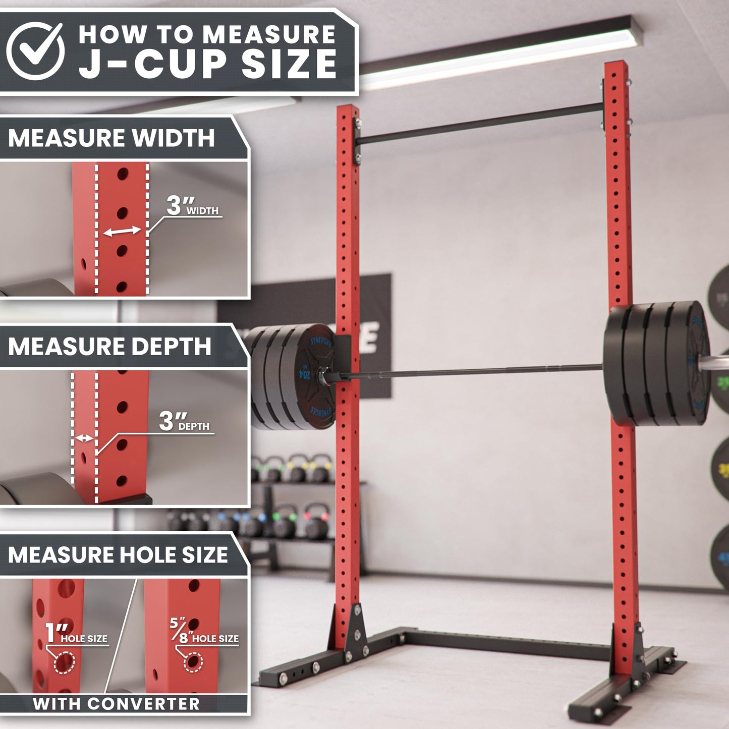 Synergee J-Hooks for Power and Squat Racks. 3x3 J-Cups Designed for 1” or 5/8 Hole. J-Hooks for Power Lifting, Squats and Presses. Sold in Pairs.