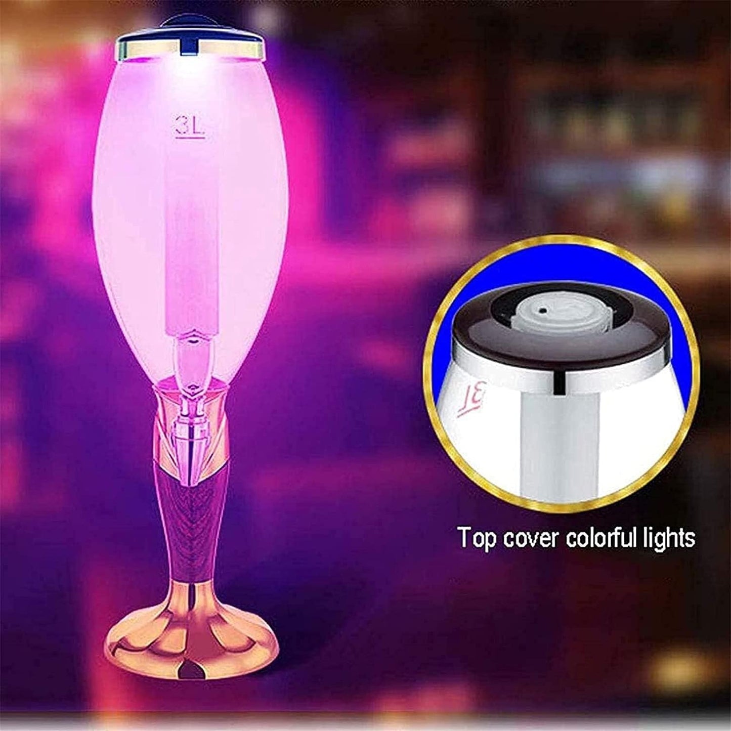 3L Beer Tower Dispenser with Ice Cooling, LED Light, and Tap, Ideal for Parties, Bars, and Home Use – Transparent Column with Clear Scale, Gold(Silver)
