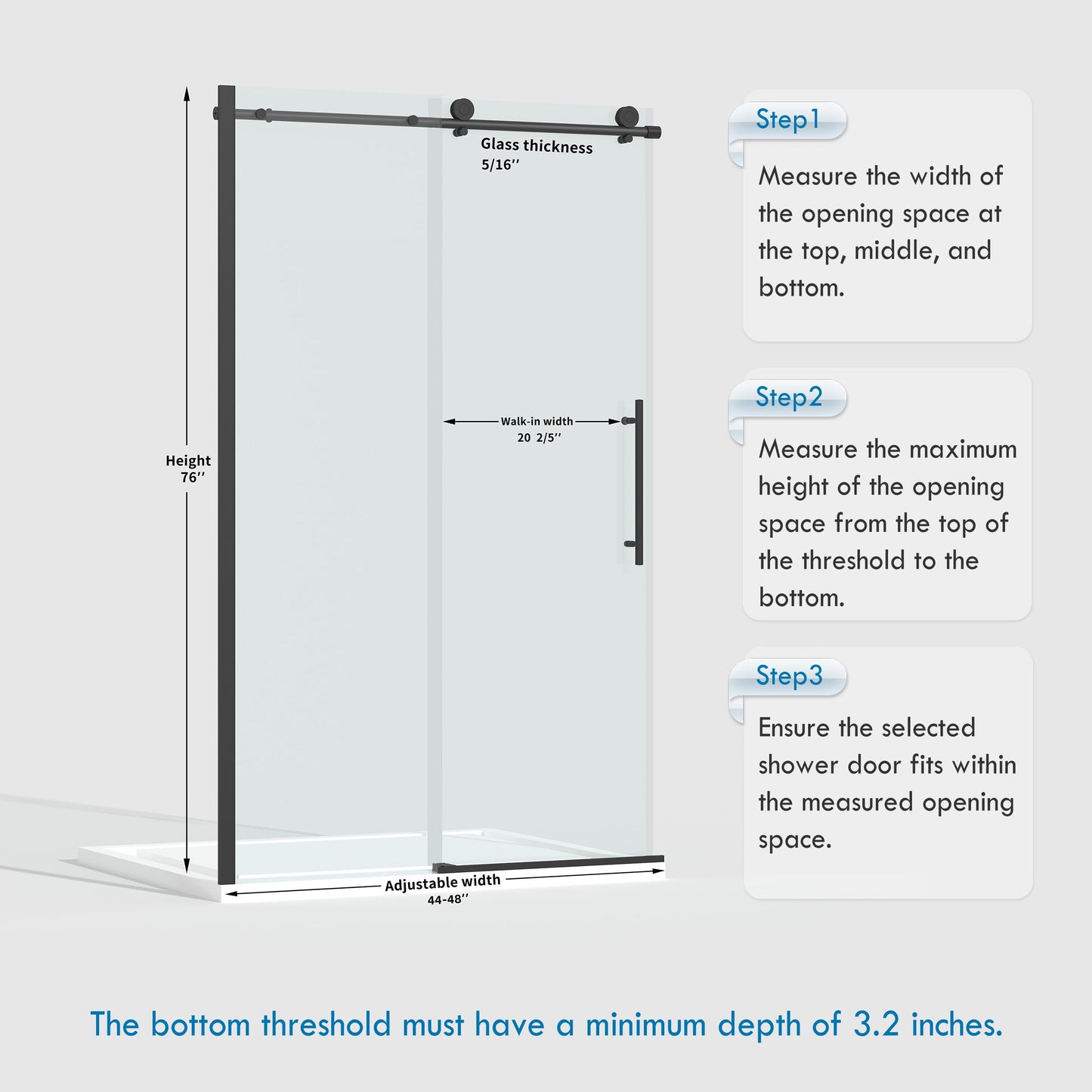 ENSO SENKA 44-48” x 76” Frameless Shower Door, 5/16" (8mm) Clear SGCC Tempered Glass, Bathroom Glass Sliding Shower Doors, Matte Black