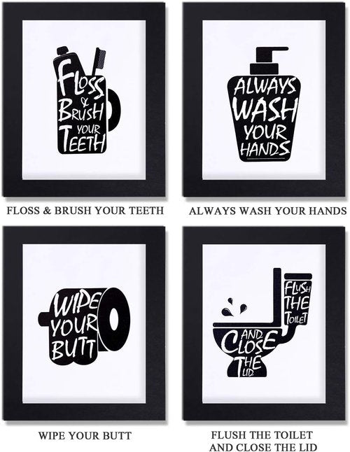 Joysnana Wall Art Prints - Funny Black and White Bathroom Decor | Set of 4 with Paper Frames (8x10 Inch)