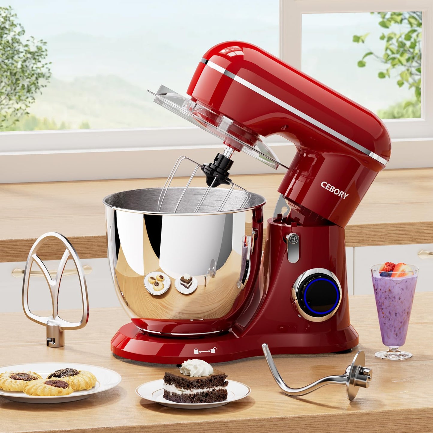 CEBORY 3-IN-1 Electric Stand Mixer, 6.5QT Bowl 660W 10-Speed Kitchen Mixer, Household Food Mixers include Dough Hook, Beater and Whisk, Bread Cake Mixer for Baking and Most Home Cooks, Red