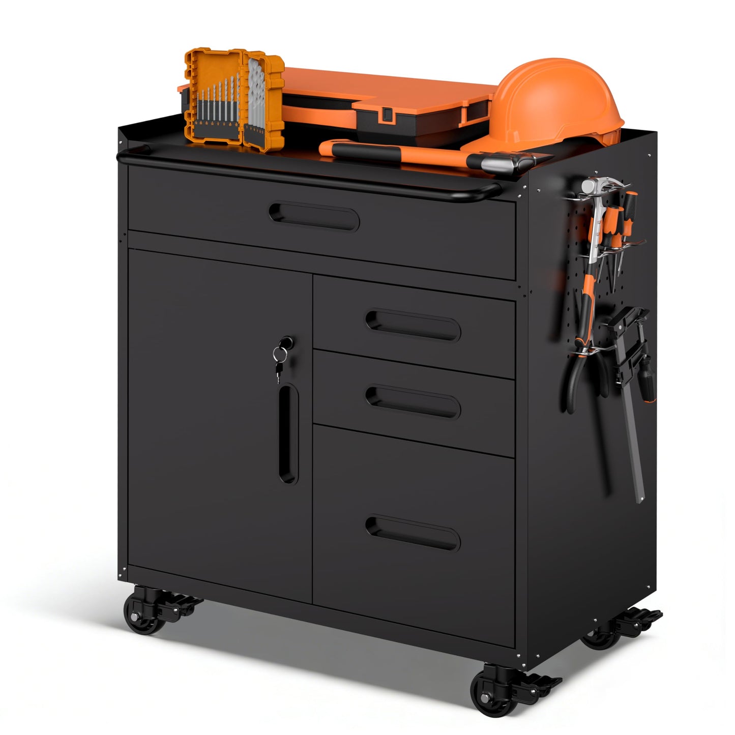 VIYET Garage Storage Cabinet,Metal Rolling Tool Cabinet with 2 Pegboard and 10 Hook,Heavy Duty Mechanics Tool Chest Storage for Workshop, Basement,Warehouse,Include Workbench Liner,Black