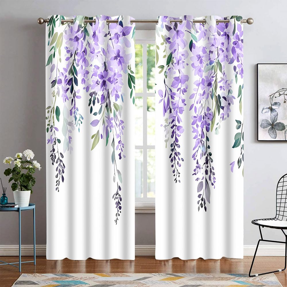 EOTDMS Purple Watercolor Floral Curtains 84 inches Long, Botanical Leaves Vine Wisteria Flowers Rustic Farmhouse Curtains, Blackout Window Treatment Drapes for Bedroom Living Room 52x84inch, 2 Panels