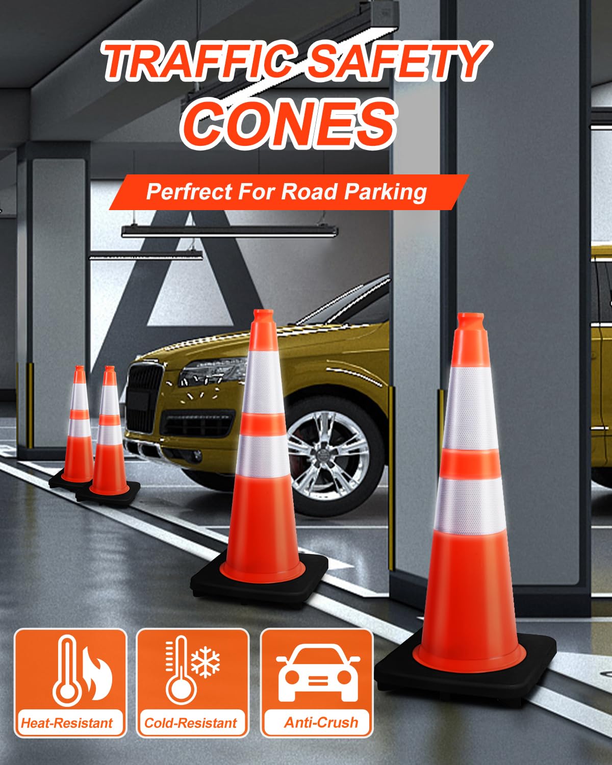 (14 Cones) BESEA 28” inch Orange PVC Traffic Cones, Black Base Construction Safety Cones Road Parking Cone Structurally Stable Wearproof (28" Height)