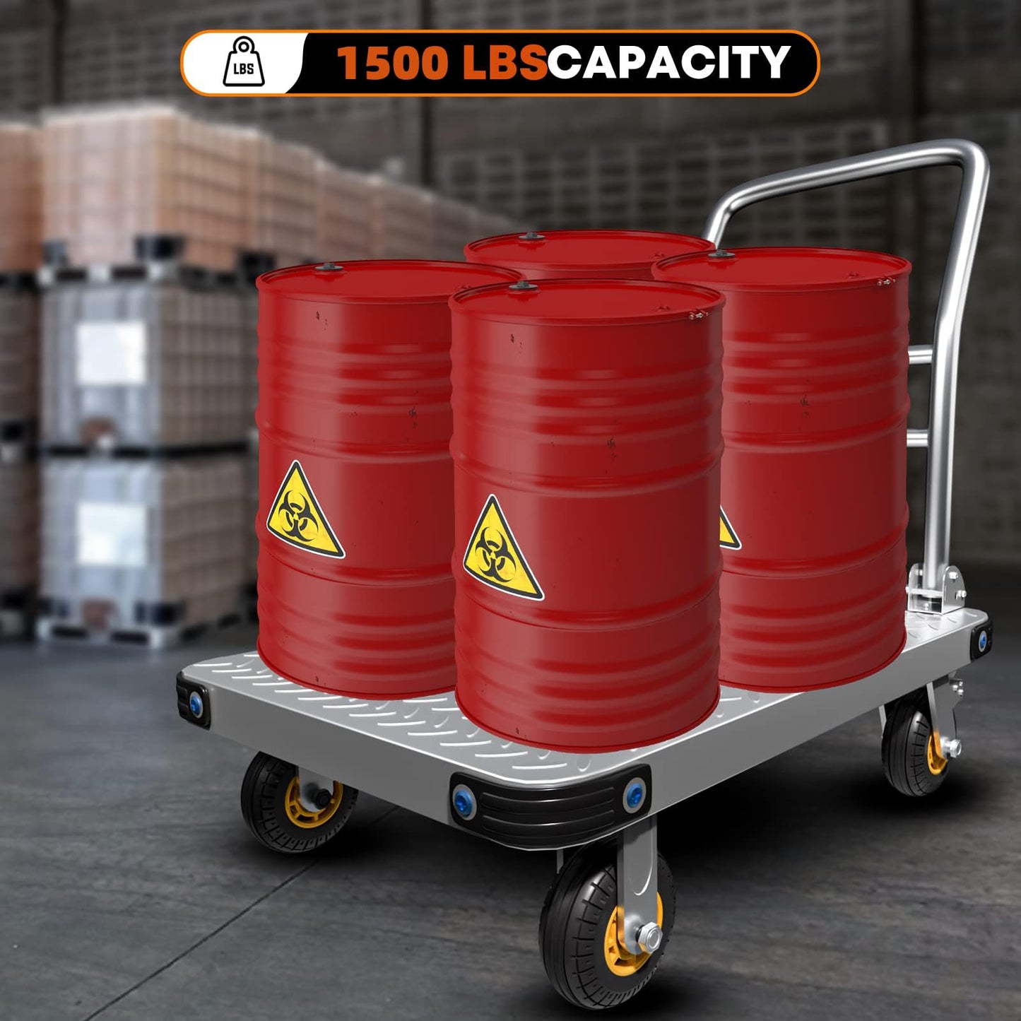 Lomive Heavy Duty Platform Truck Flat Moving Cart Hand Trucks, 1500Lbs Steel Push Cart Dolly, 30 x 19in Large Flatbed with 4'' 360 Degree Swivel Wheels for Easy Storage
