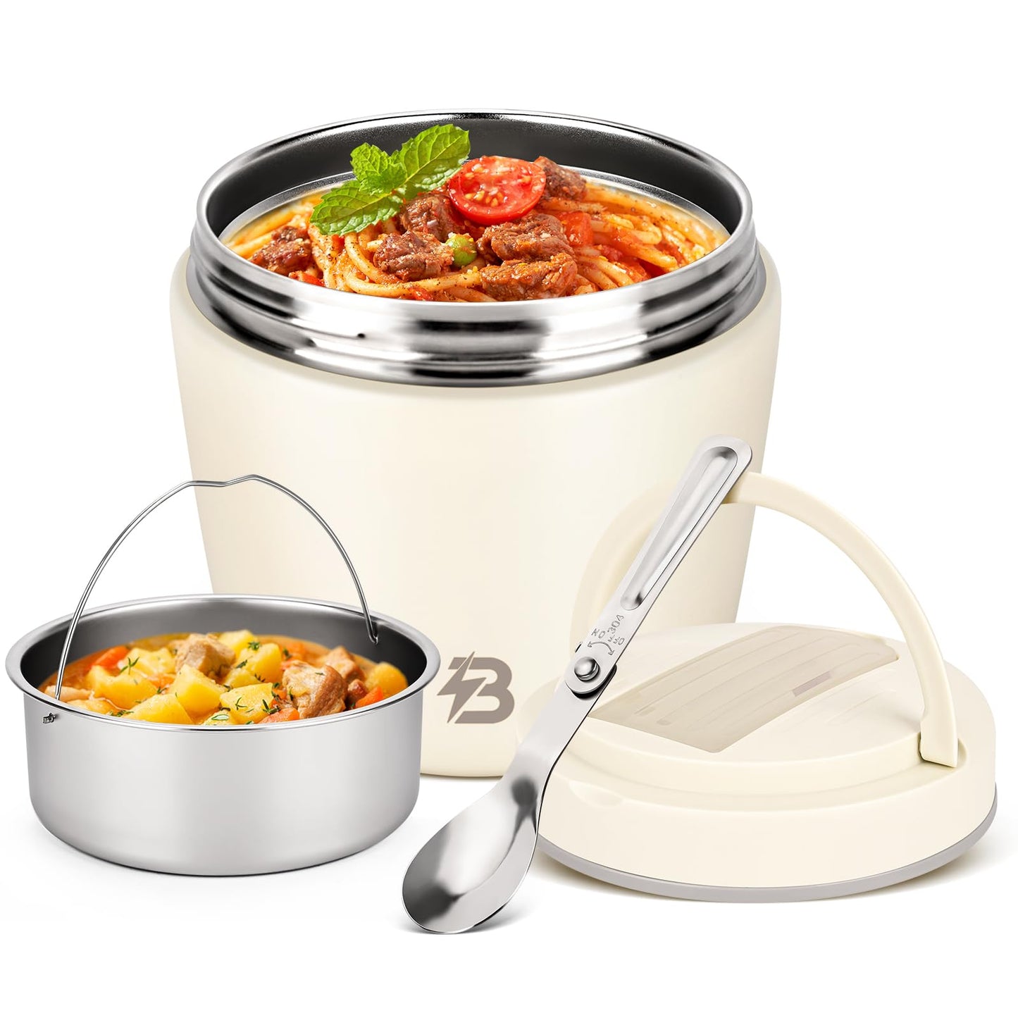 TSAKBAM Thermo for Hot Food for Adults, 40OZ Wide Mouth Insulated Food Jar with Spoon, Leak Proof Stainless Steel Lunch Soup Thermo for Food (White)